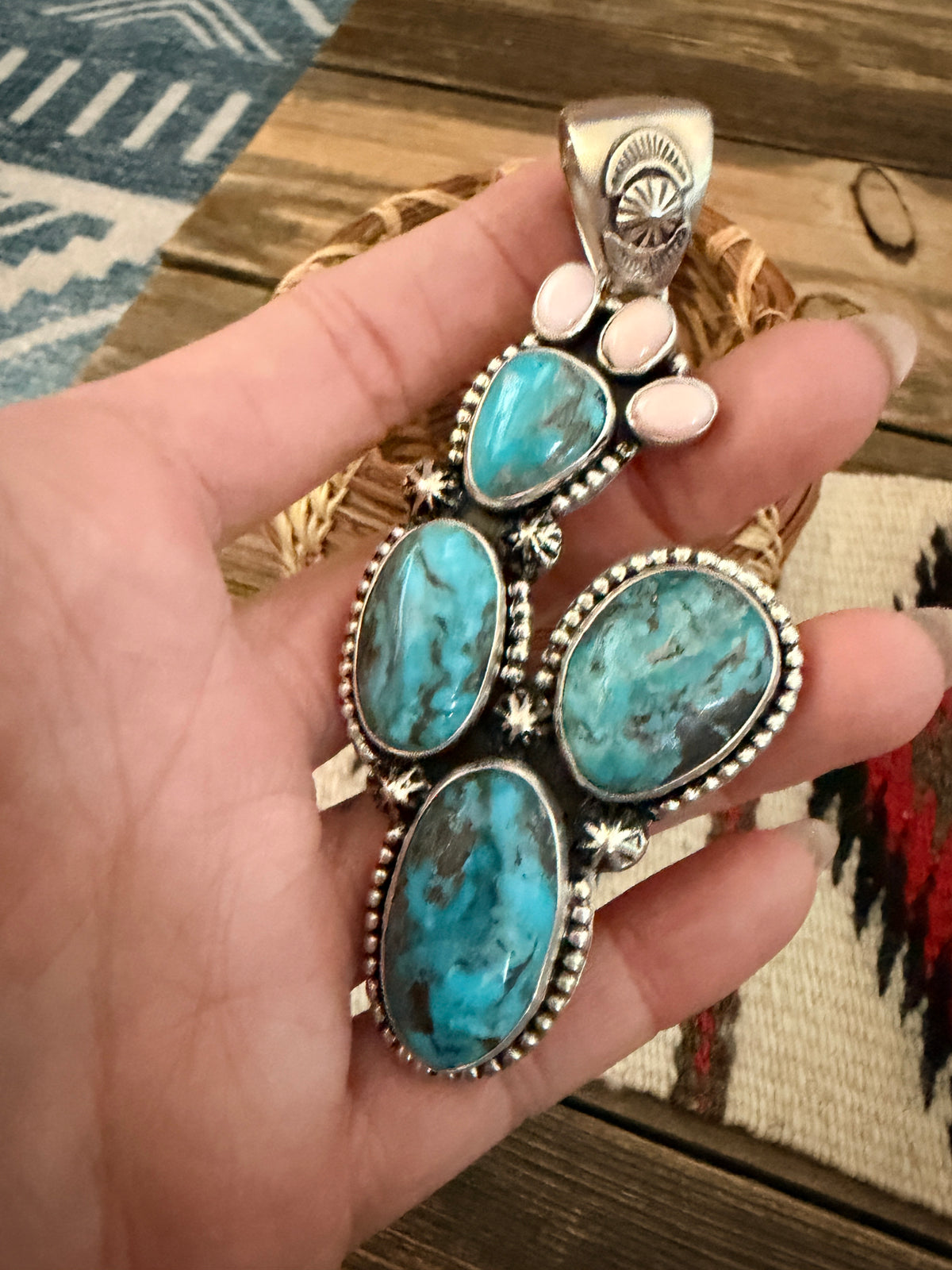 Handcrafted Sterling Silver, Turquoise & Queen Pink Conch Cactus Pendant by Larry Kaye