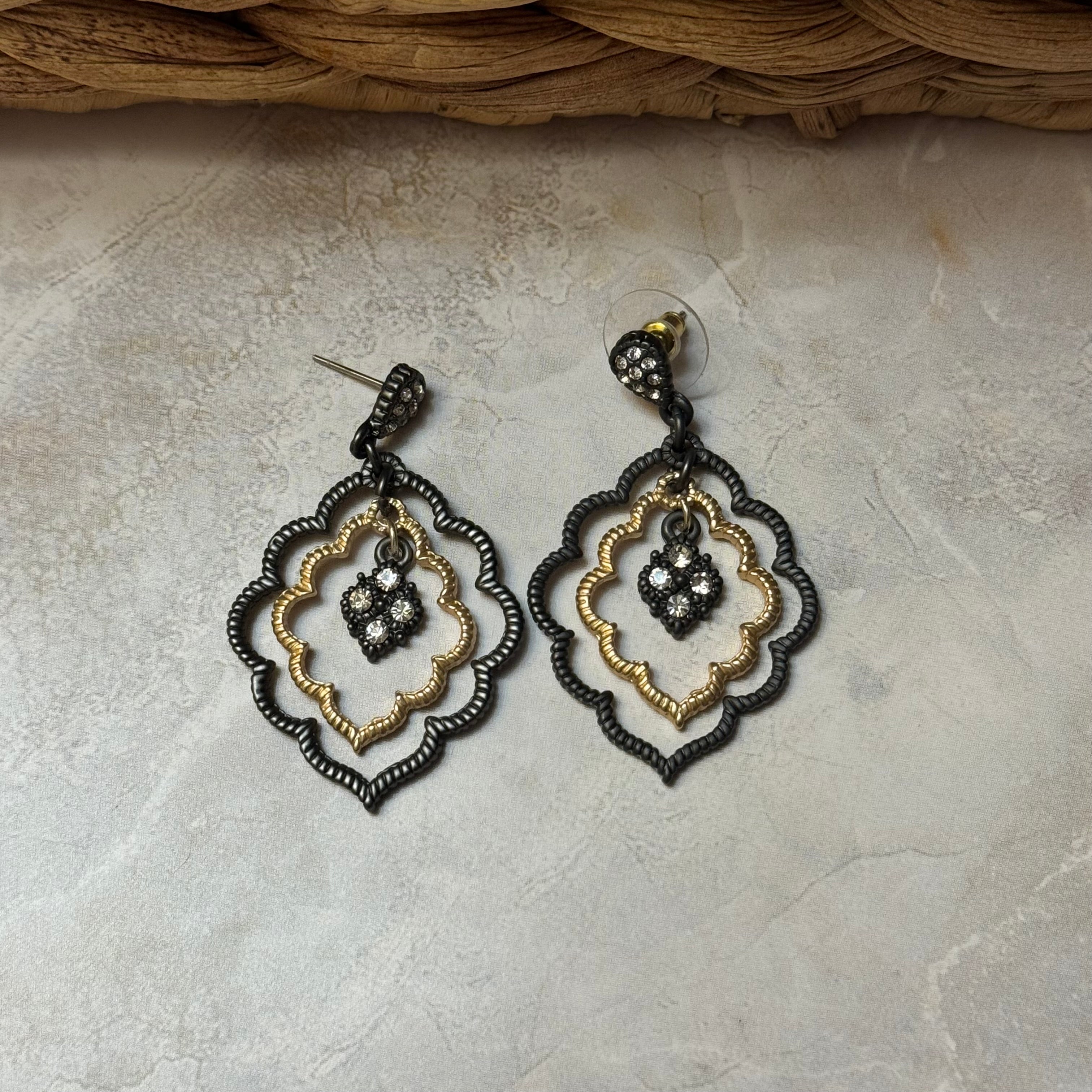 14k Gold Plated CZ Floating Hem Black Dangle Earrings