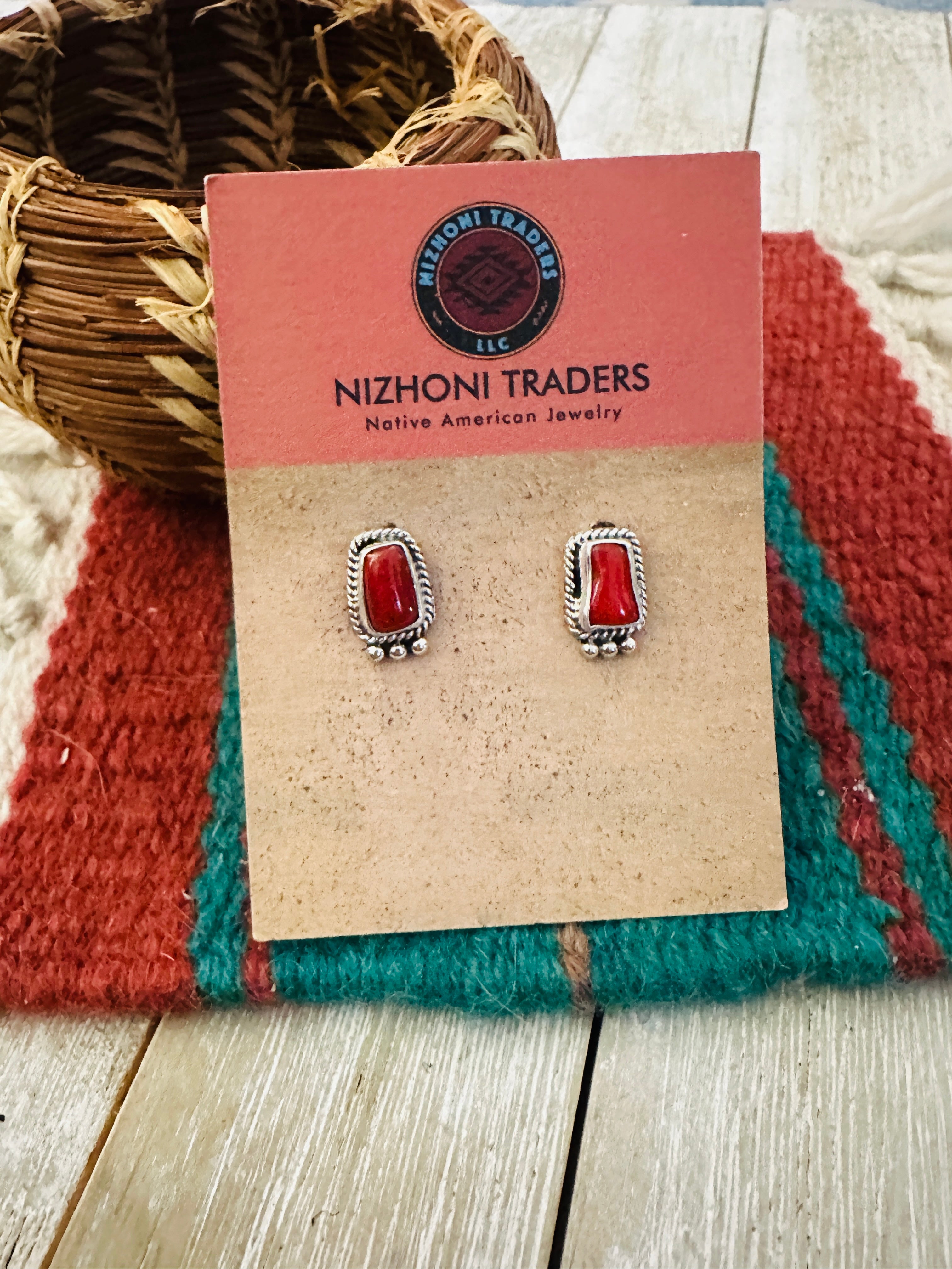 Handcrafted Sterling Silver & Coral Stud Earrings