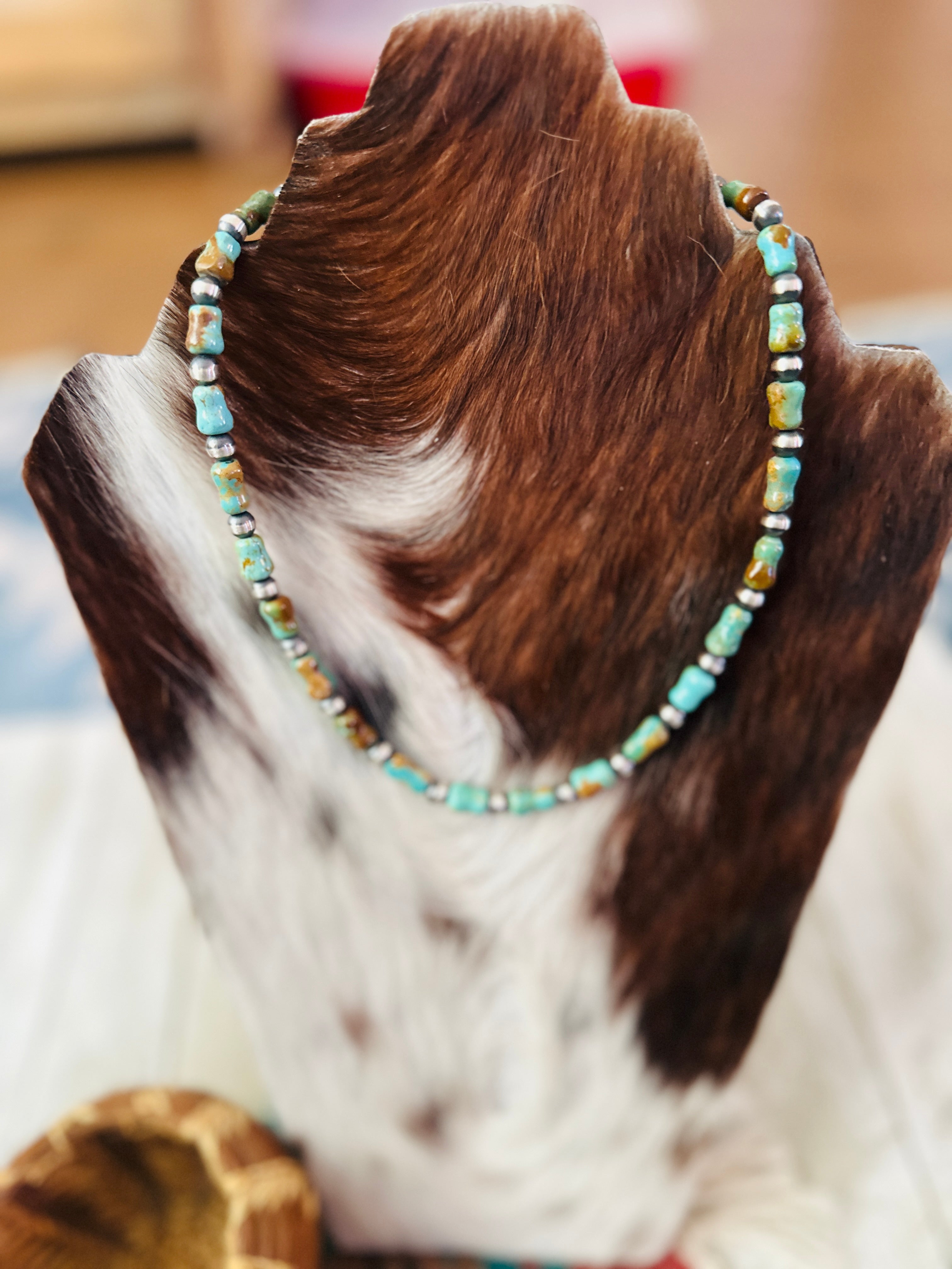 Handcrafted Kingman Turquoise & Sterling Silver Pearl 6mm Beaded Necklace 18"