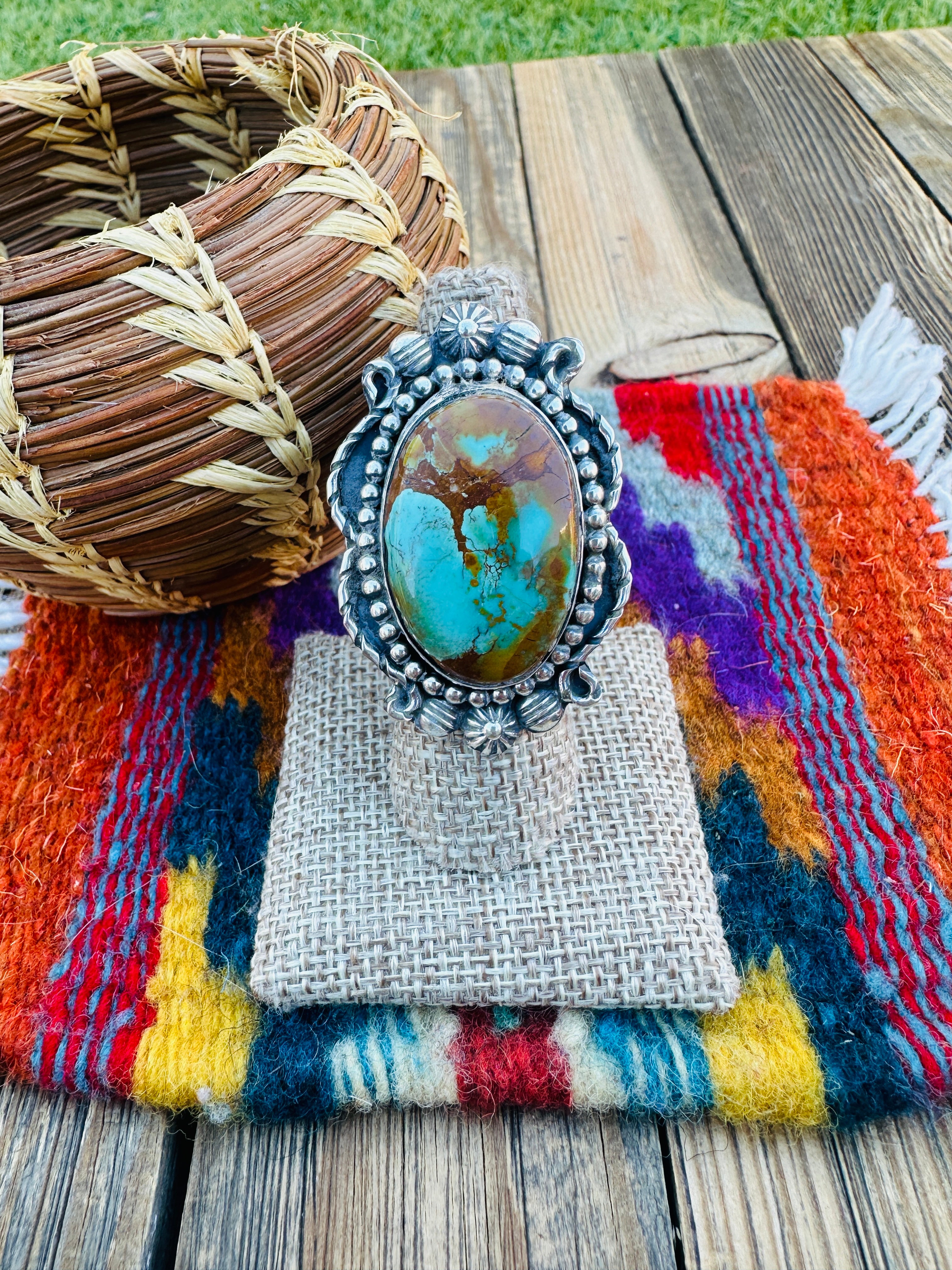 Handcrafted Pilot Mountain Turquoise & Sterling Silver Ring 7.25 by Rosella Paxson