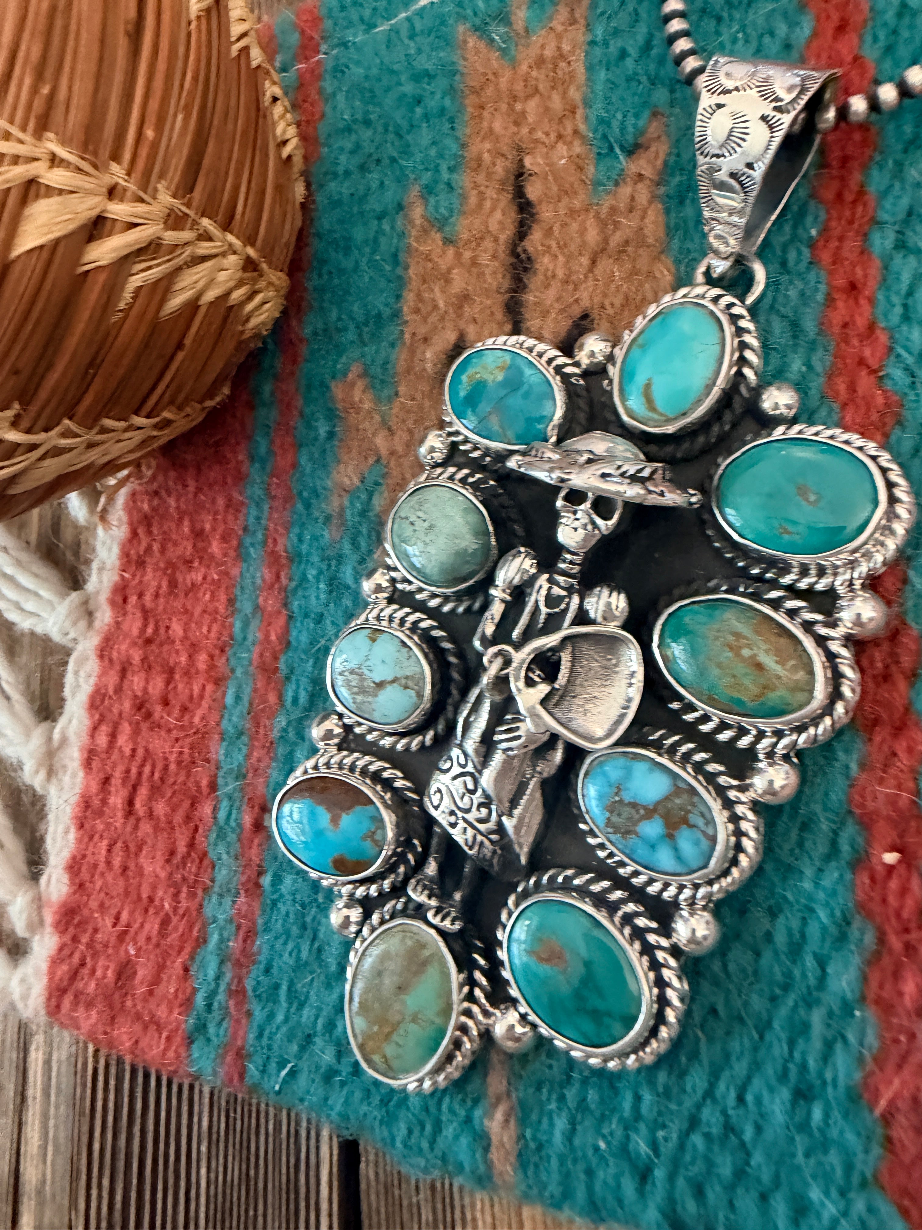Handmade Sterling Silver & Turquoise Katrina Day of the Dead Pendant by Jesus Vega