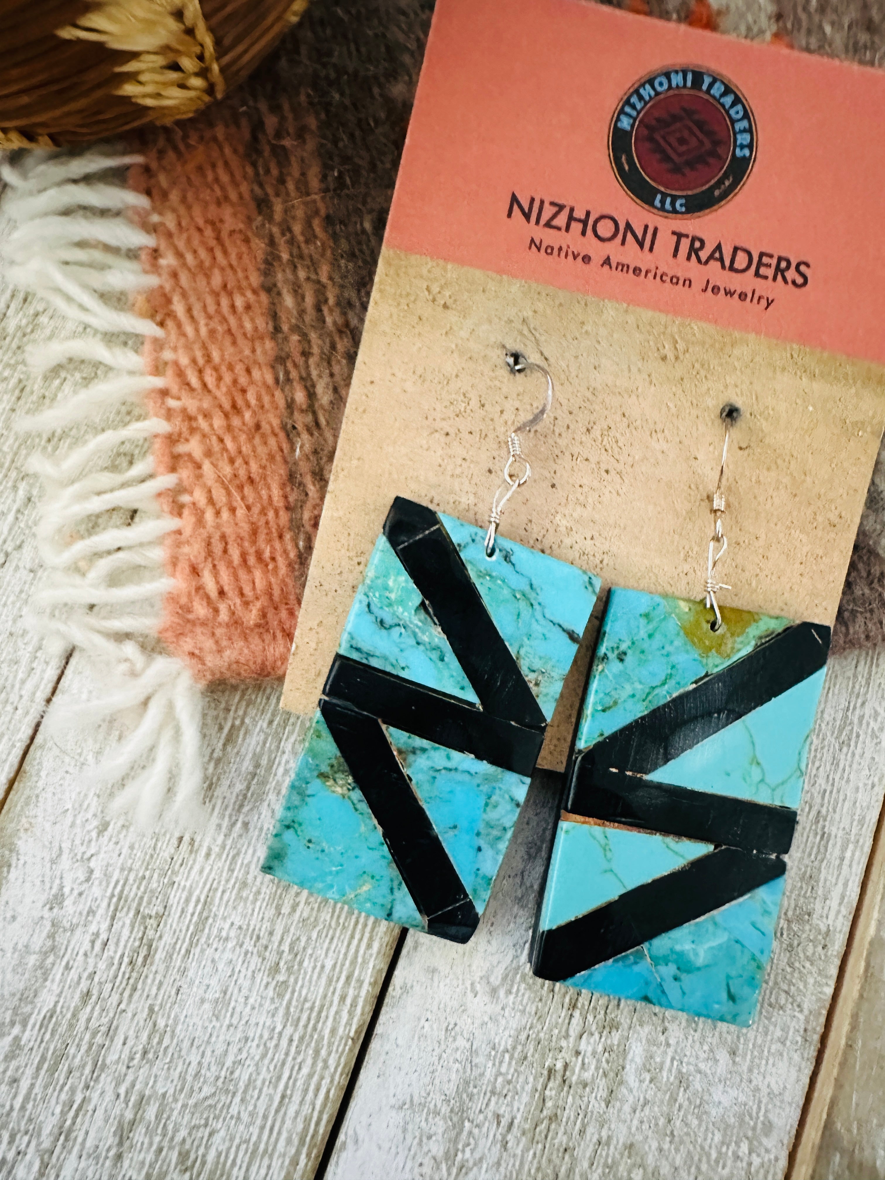 Handcrafted Turquoise & Onyx Inlay Dangle Earrings