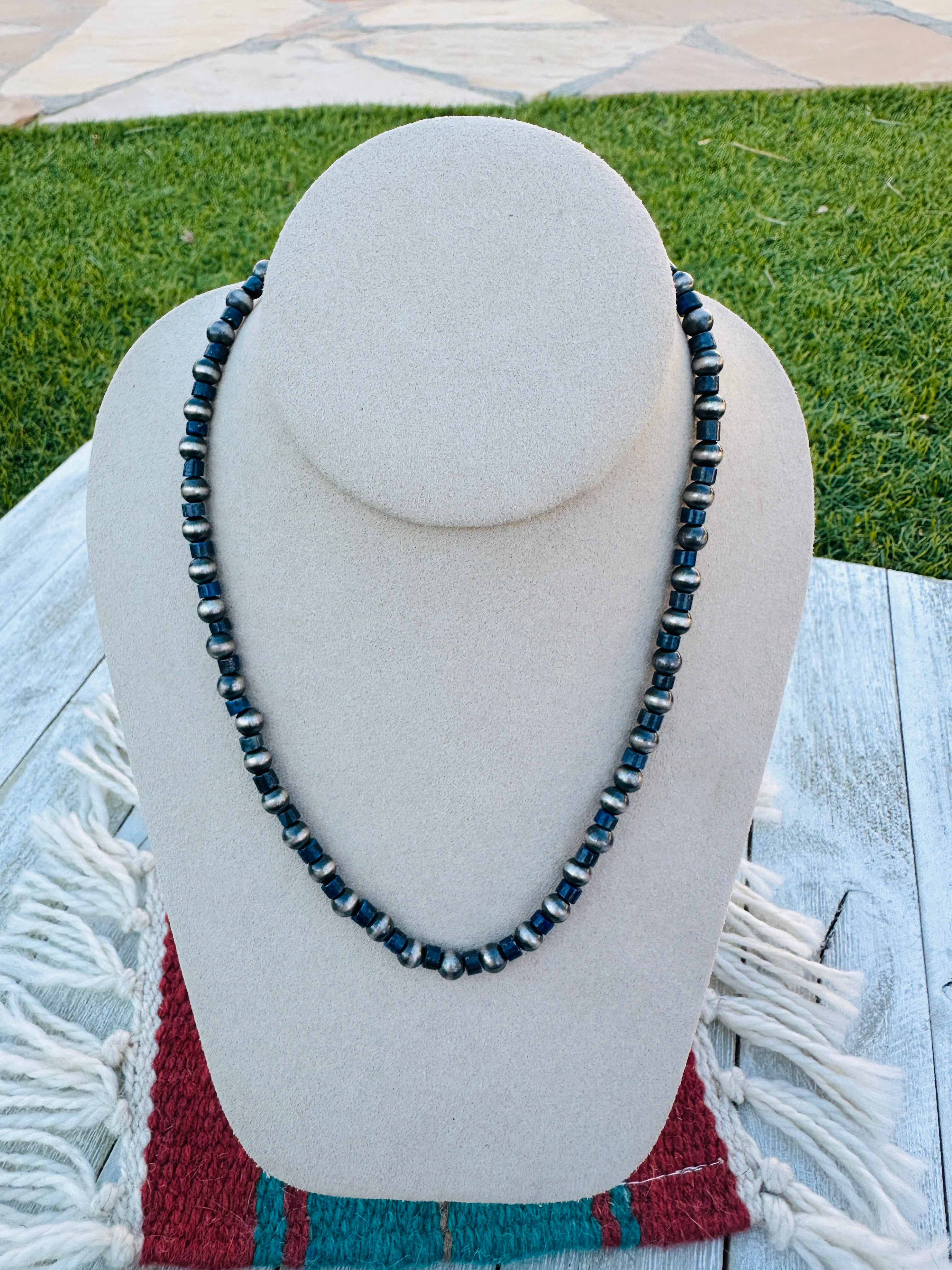 Handcrafted Sterling Silver Pearl & Lapis 18” Beaded Necklace