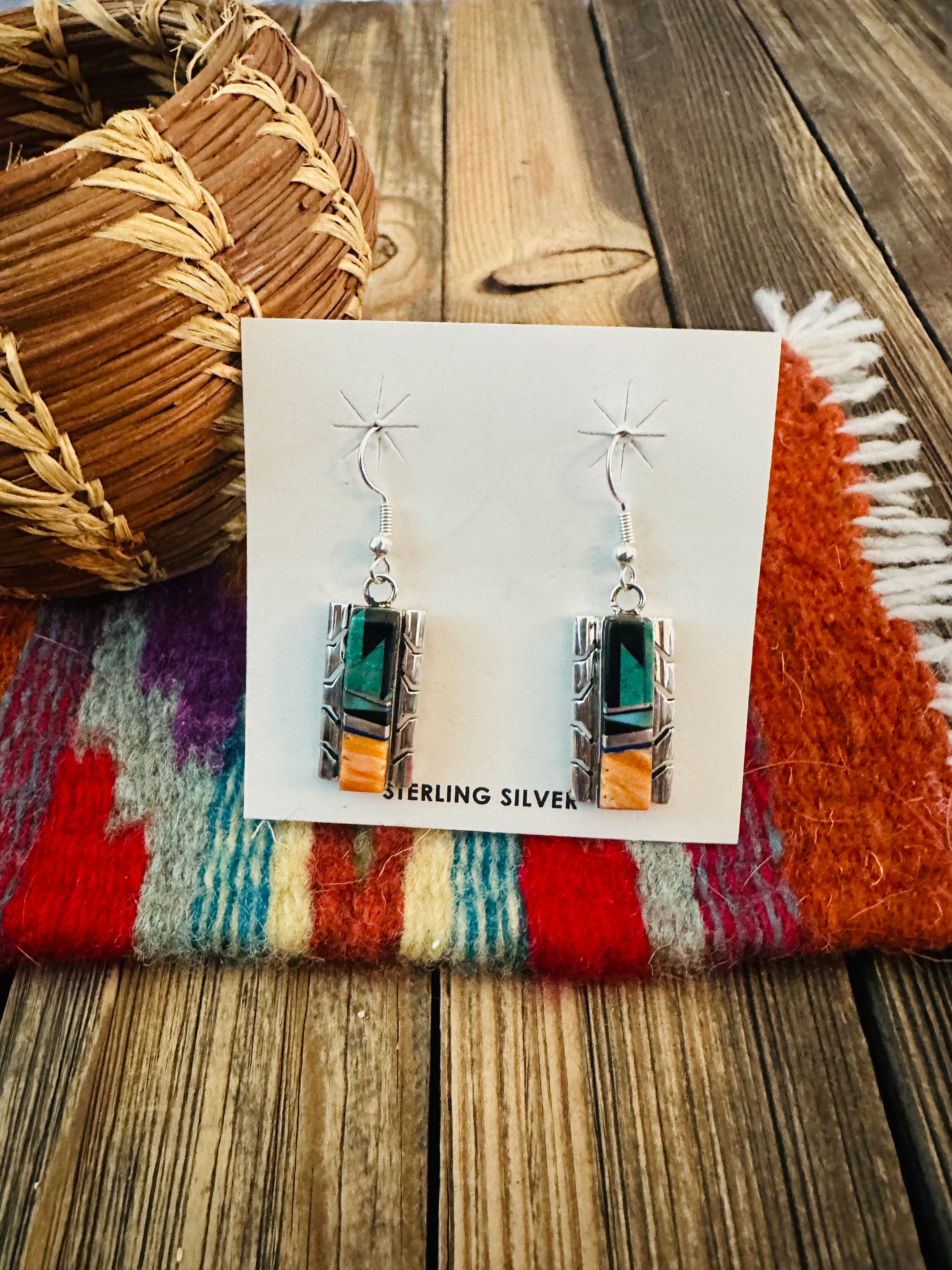 Handcrafted Multi Stone & Sterling Silver Inlay Dangle Earrings