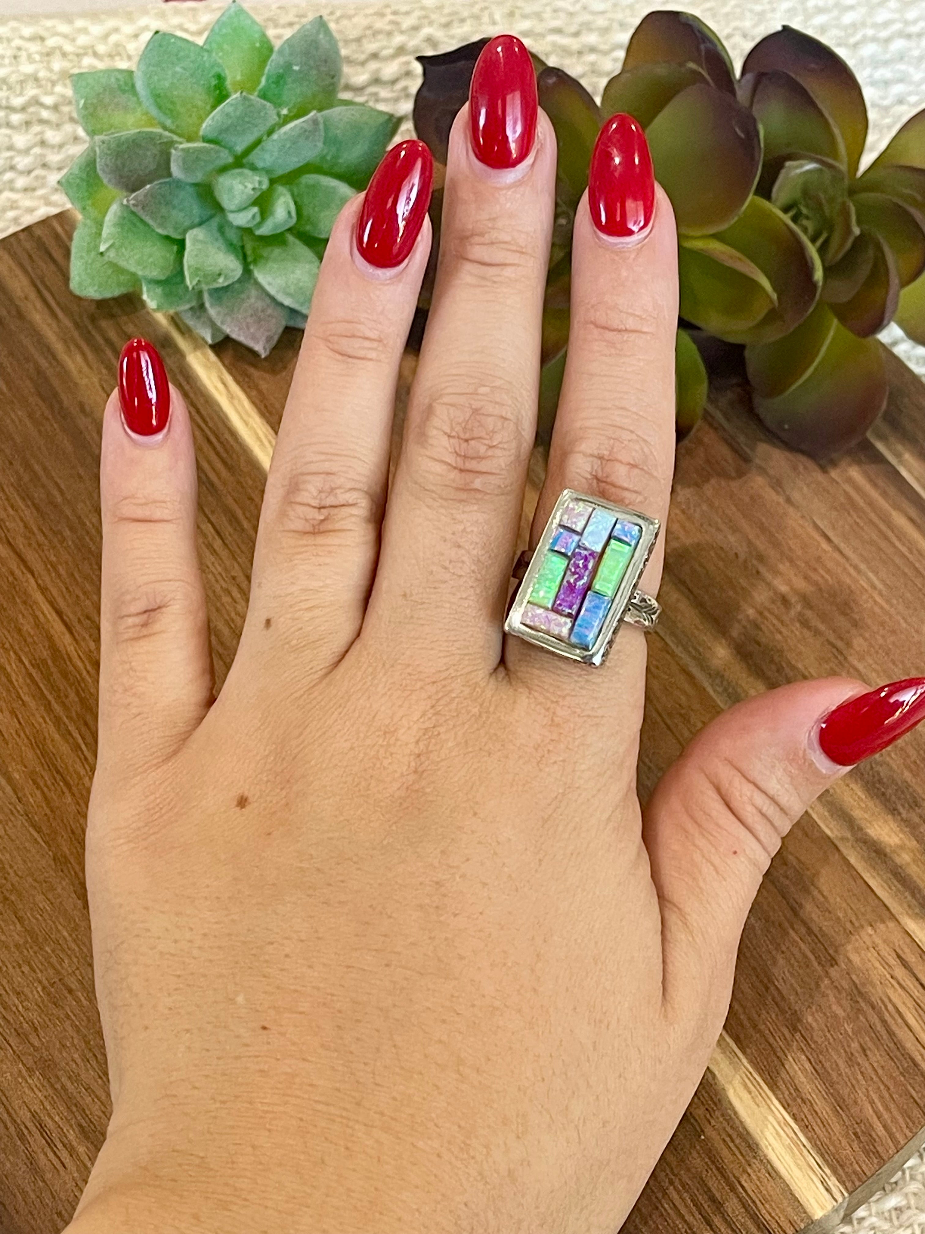 Handmade Sterling Silver & Multi Stone Inlay Ring Size 8.5