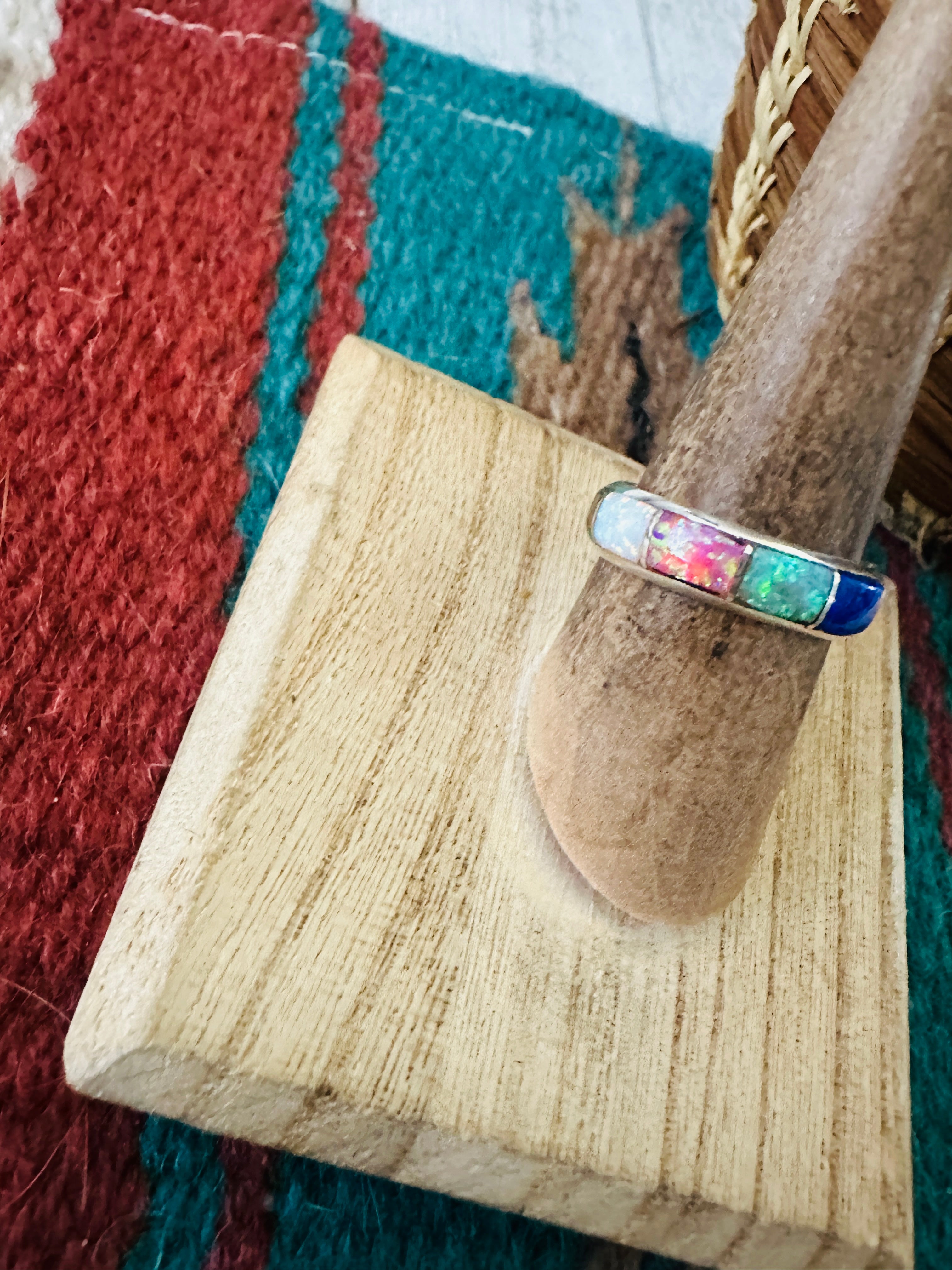 Handcrafted Sterling Silver & Multicolor Opal Inlay Band Ring Size 7.25