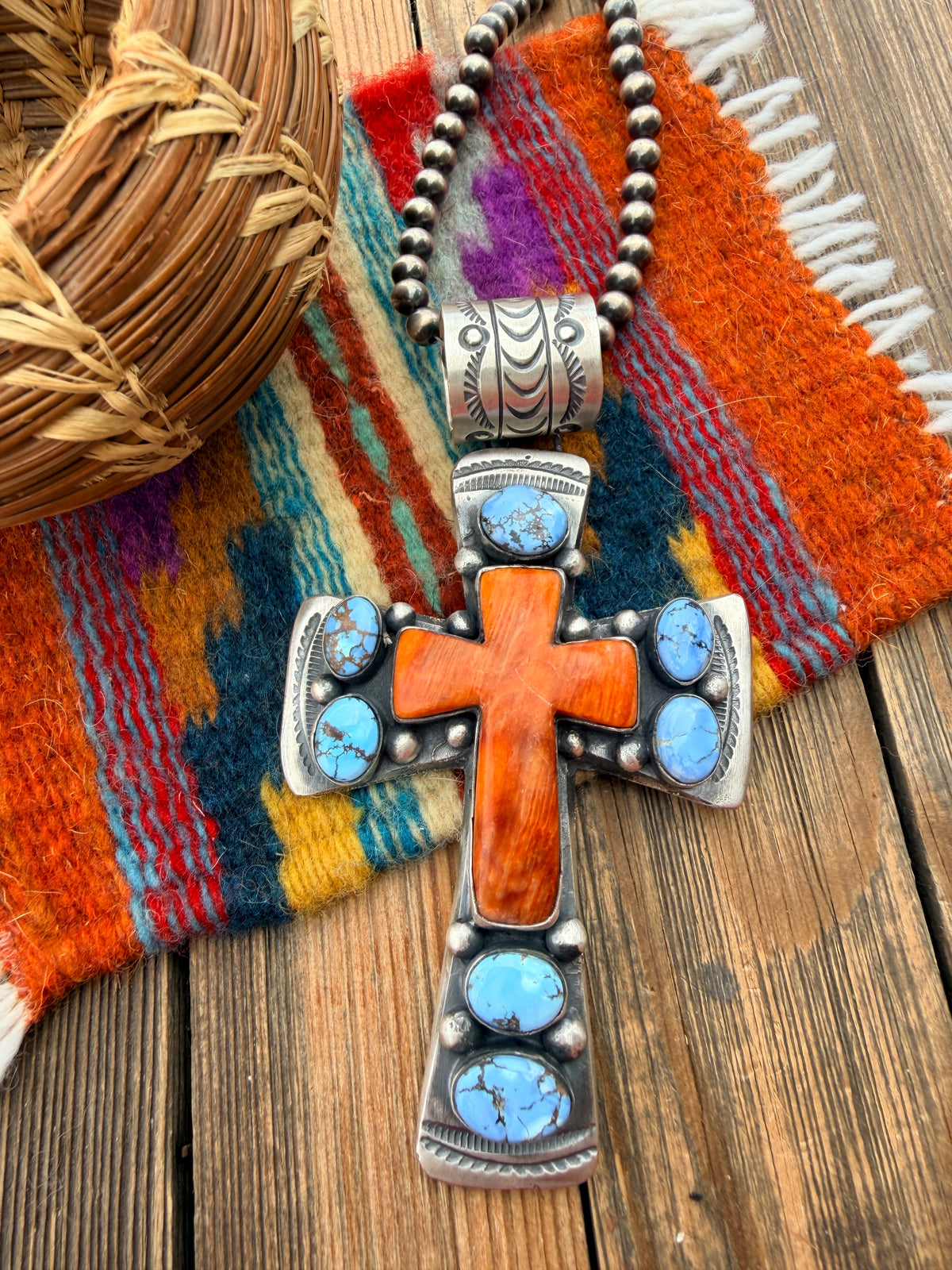 Handcrafted Turquoise, Spiny Oyster & Sterling Silver Cross Pendant by Chimney Butte