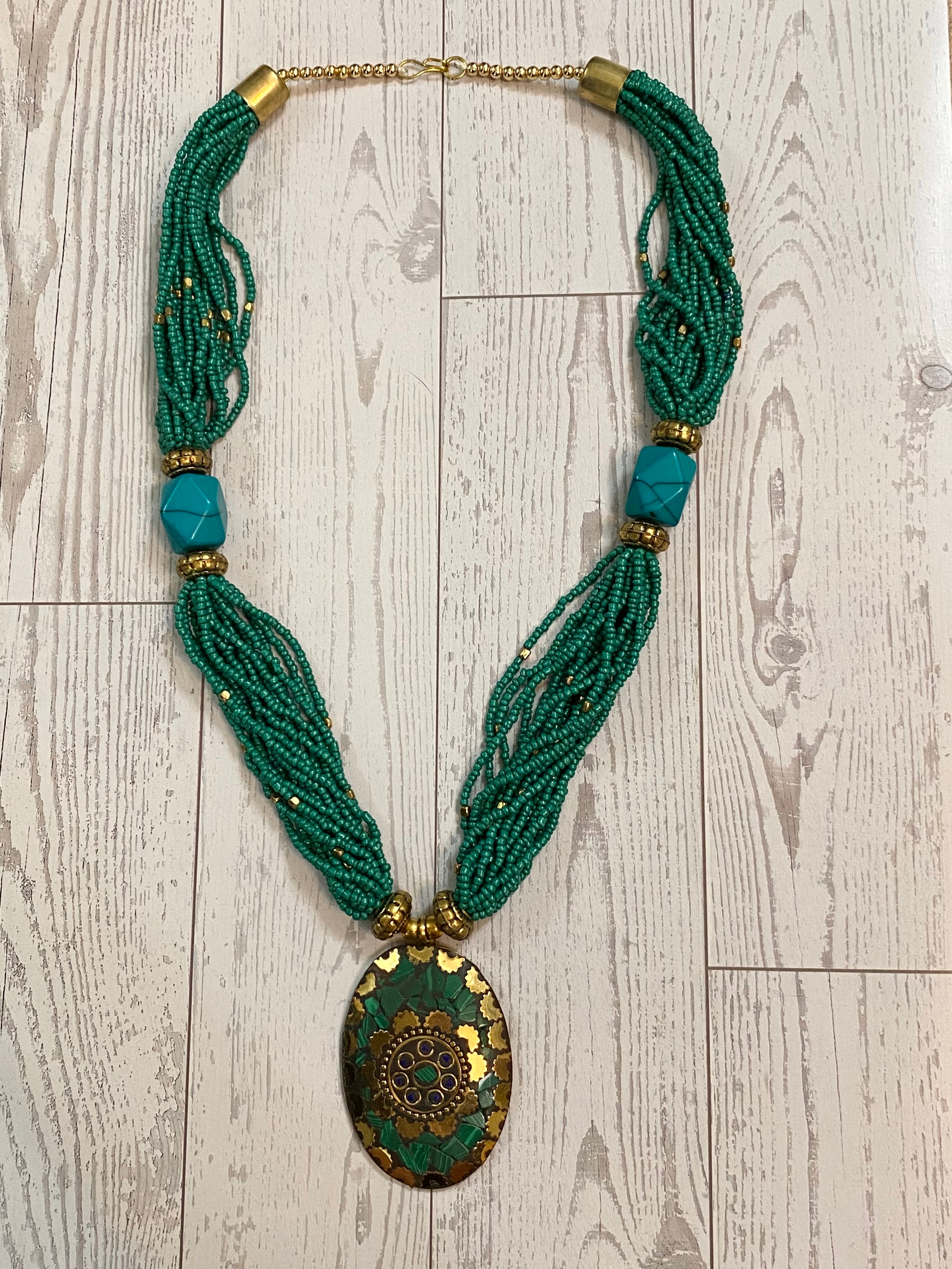 Gold Tone Bohemian Turquoise Colored Beaded Statement Necklace