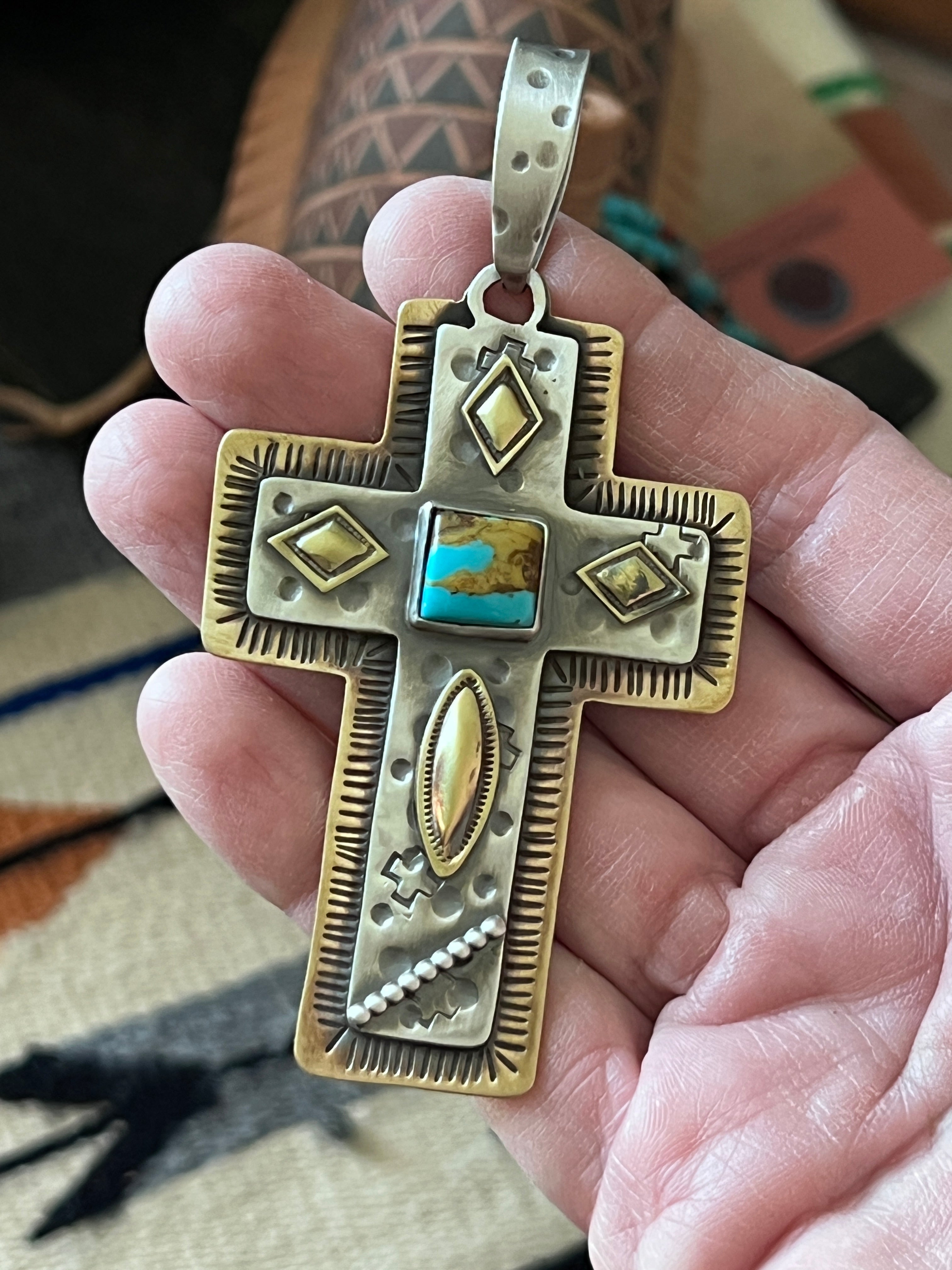 Hand Stamped Sterling Silver, Brass & Royston Turquoise Cross Pendant by Kimari Somers