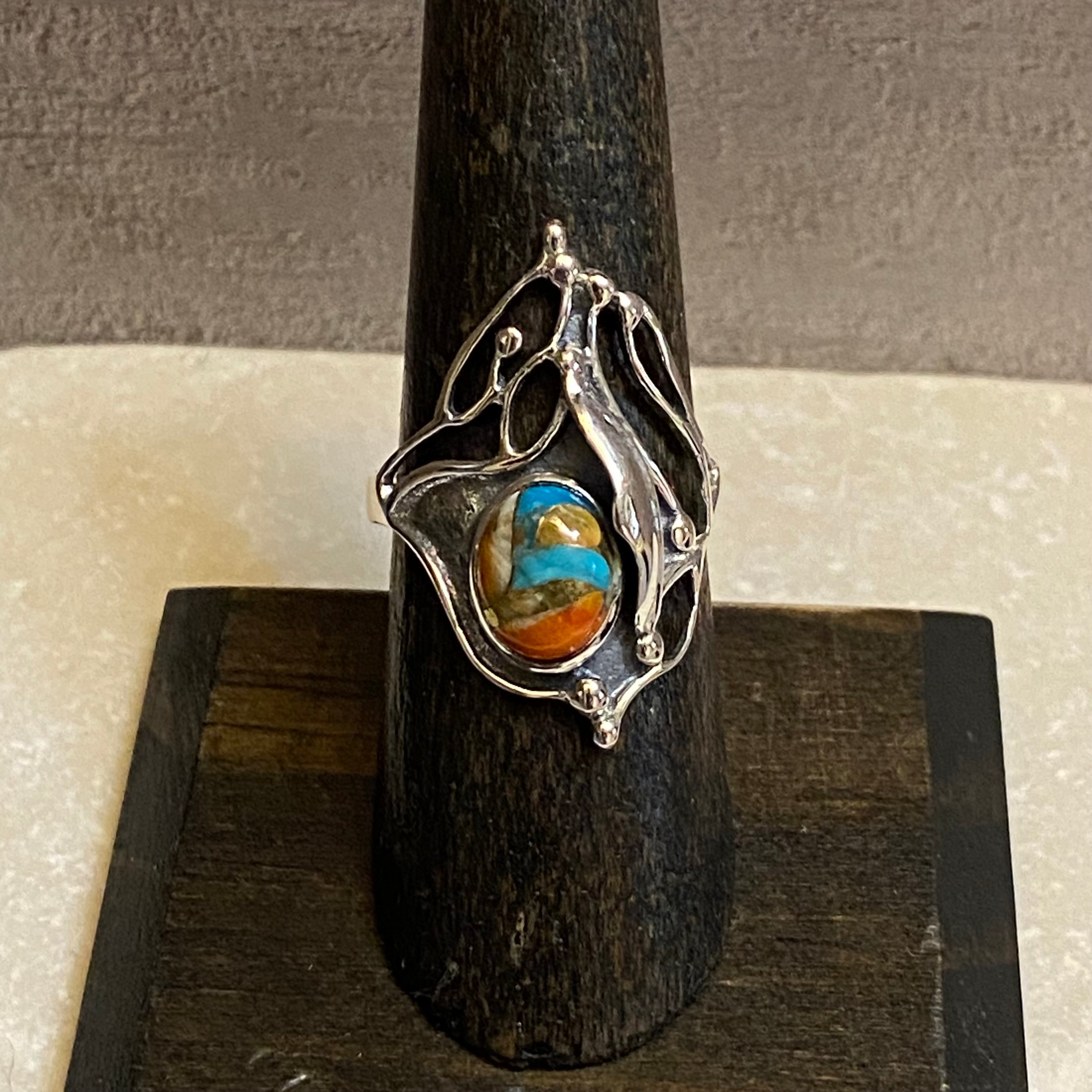 Sterling Silver Orange Spiny Turquoise Intricate Etched Ring Size 7.5