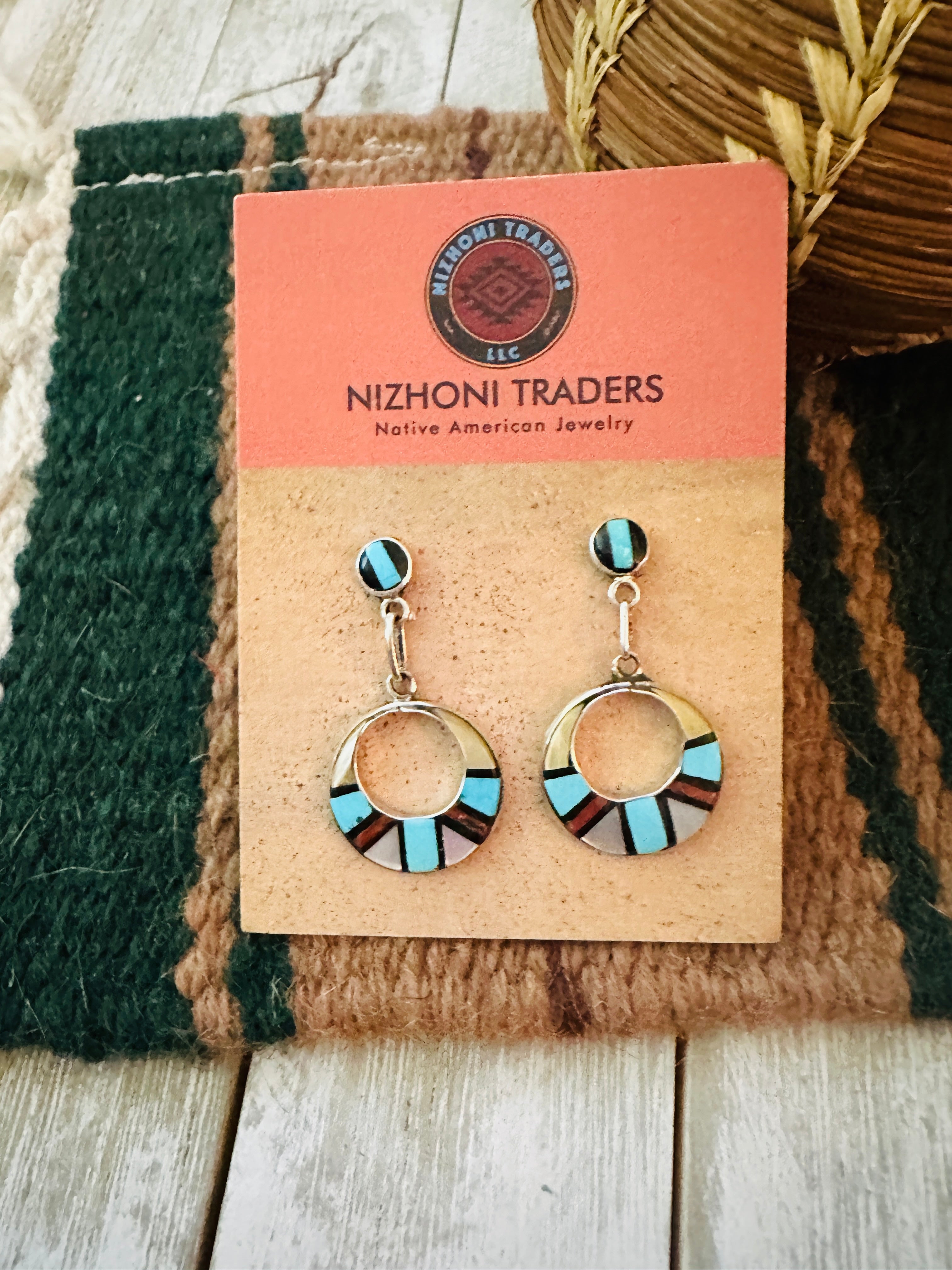 Old Pawn Handcrafted Multi Stone & Sterling Silver Inlay Earrings