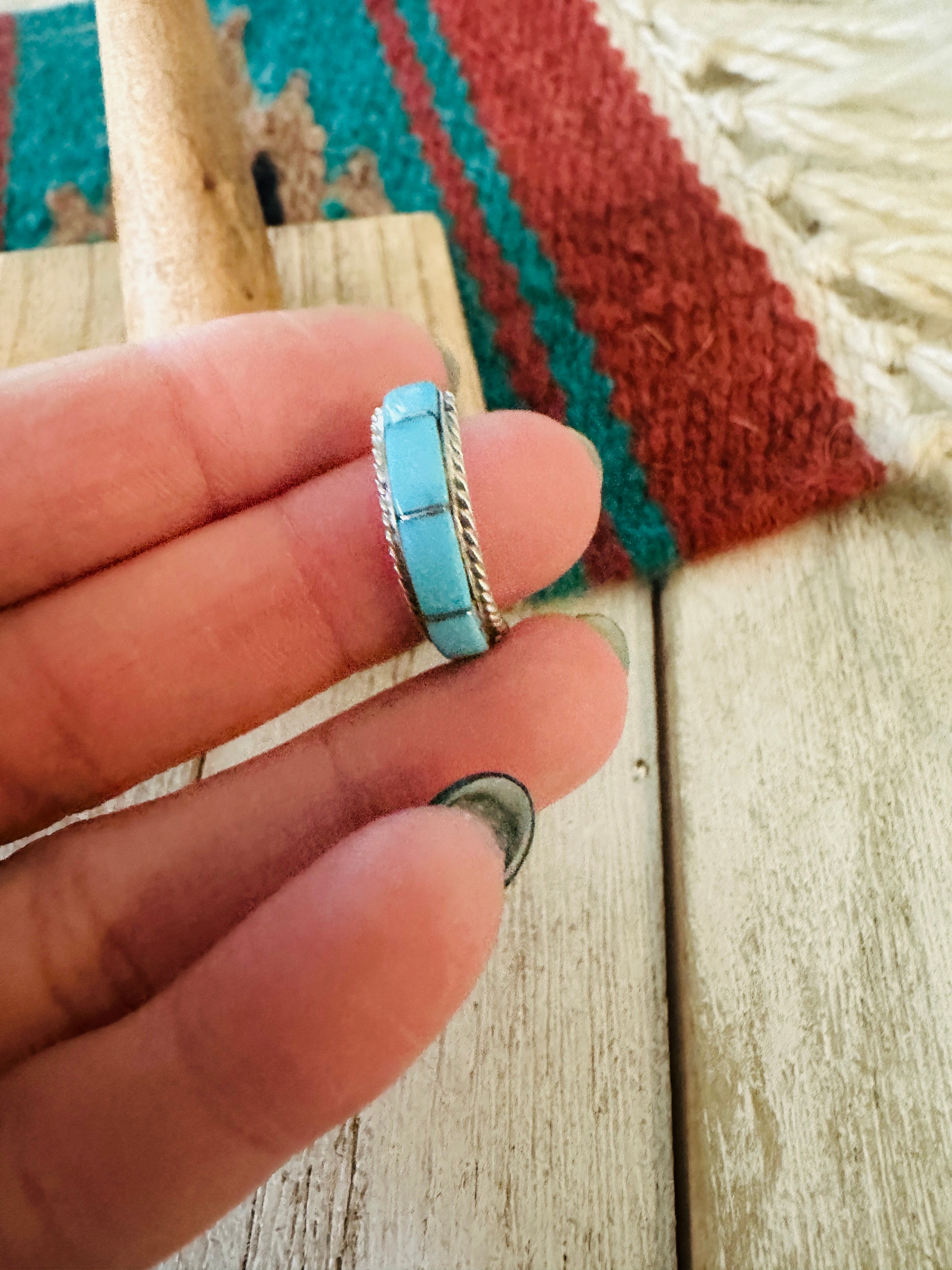 Handcrafted Sterling Silver & 5 Stone Turquoise Inlay Band Ring