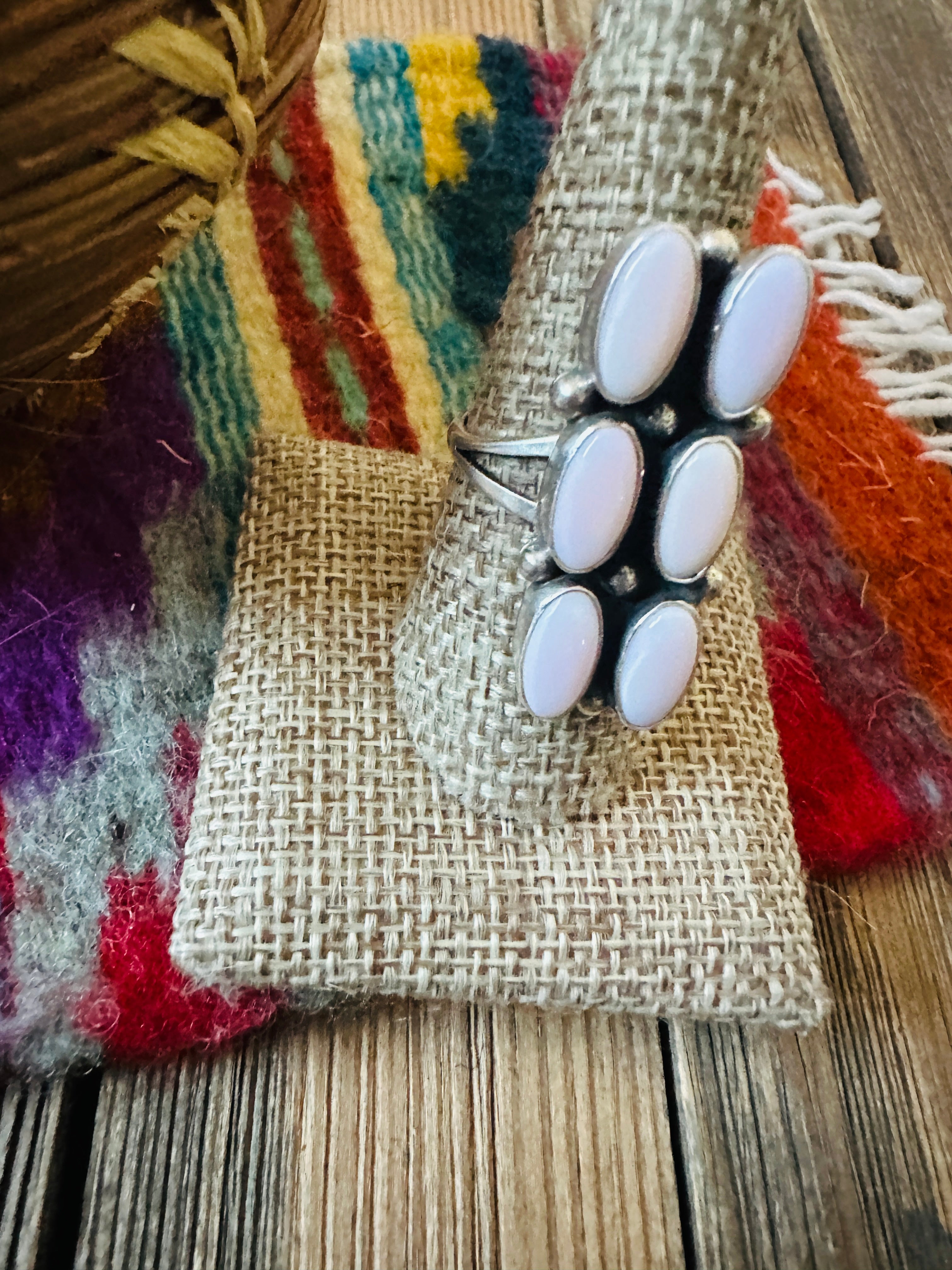 Handcrafted Queen Pink Conch & Sterling Silver Cluster Ring Size 9