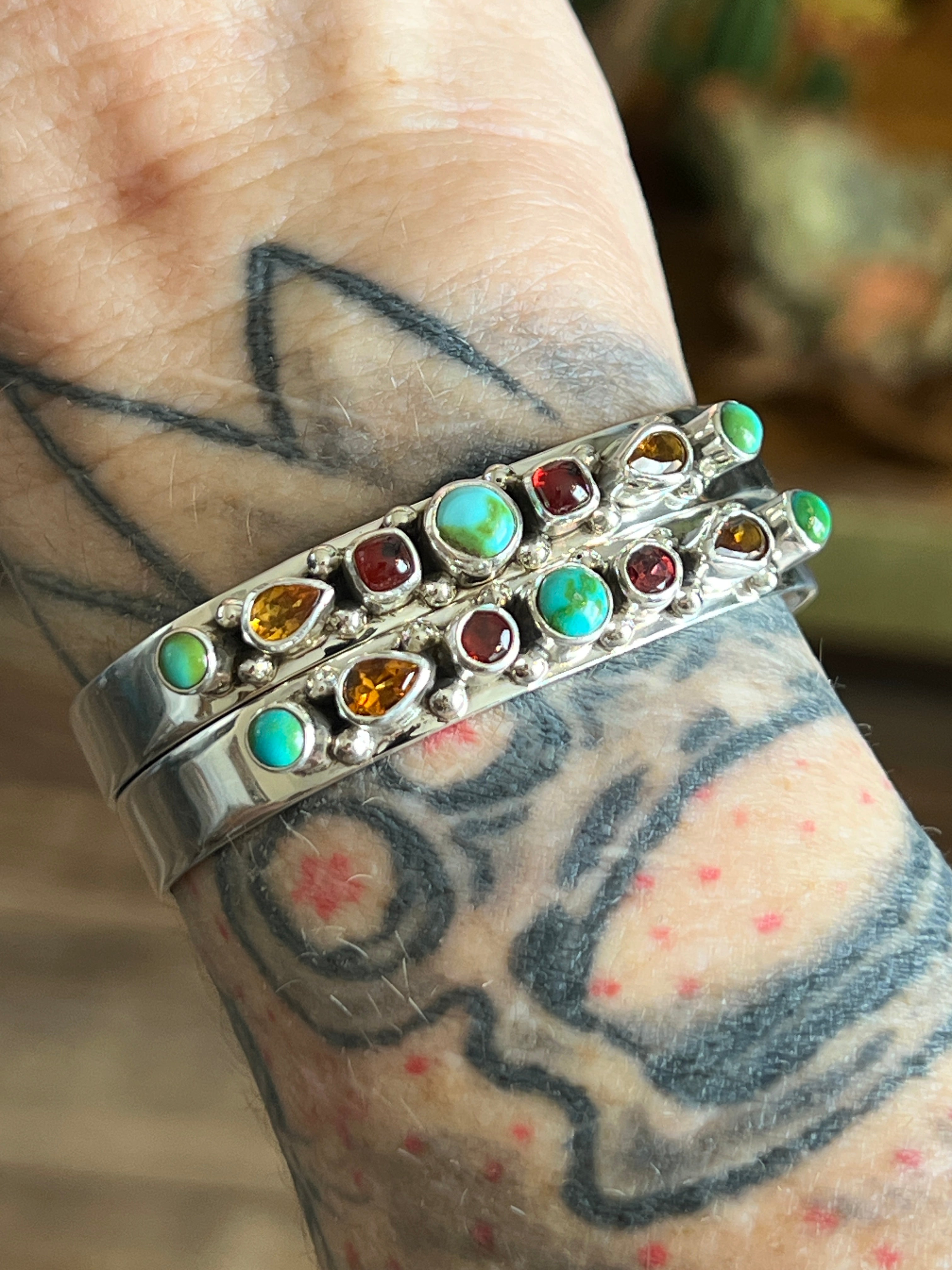 Handcrafted Sterling Silver Gems & Jewels Stacker Cuffs Bracelet by Lucy Jake, Narrow