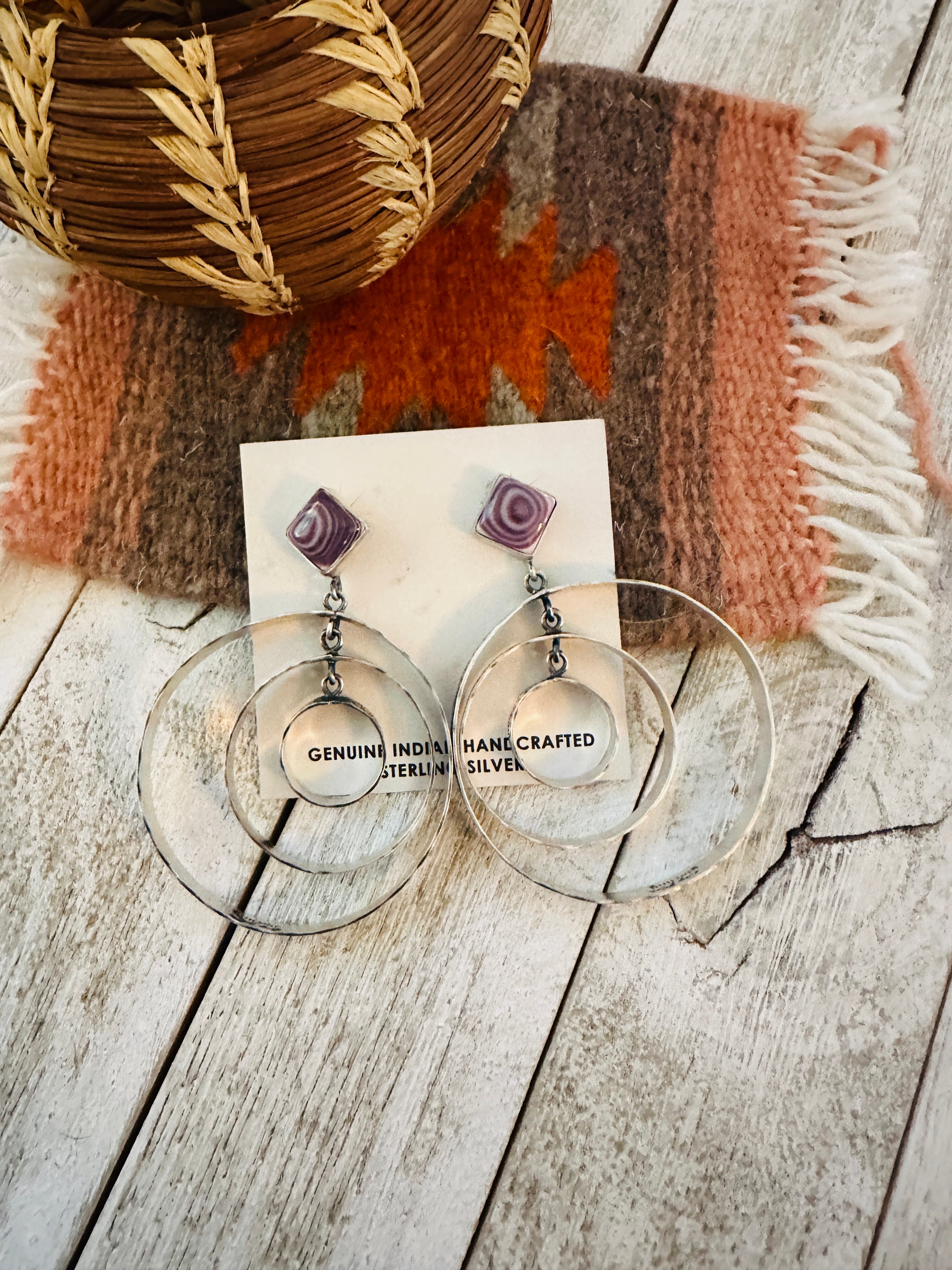 Navajo Sterling Silver & Charoite Dangle Hoop Earrings