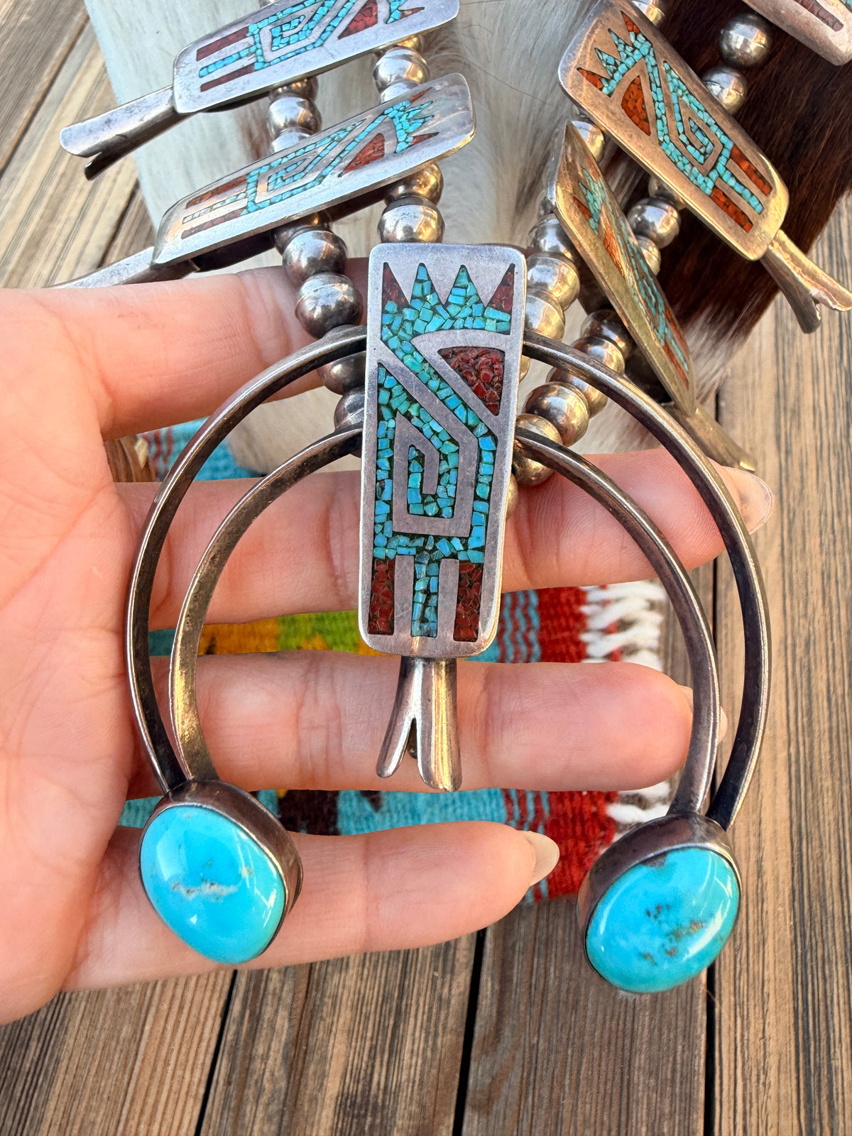 Old Pawn Handcrafted Turquoise, Coral & Sterling Silver Beaded Squash Blossom Necklace by Juan T. Singer