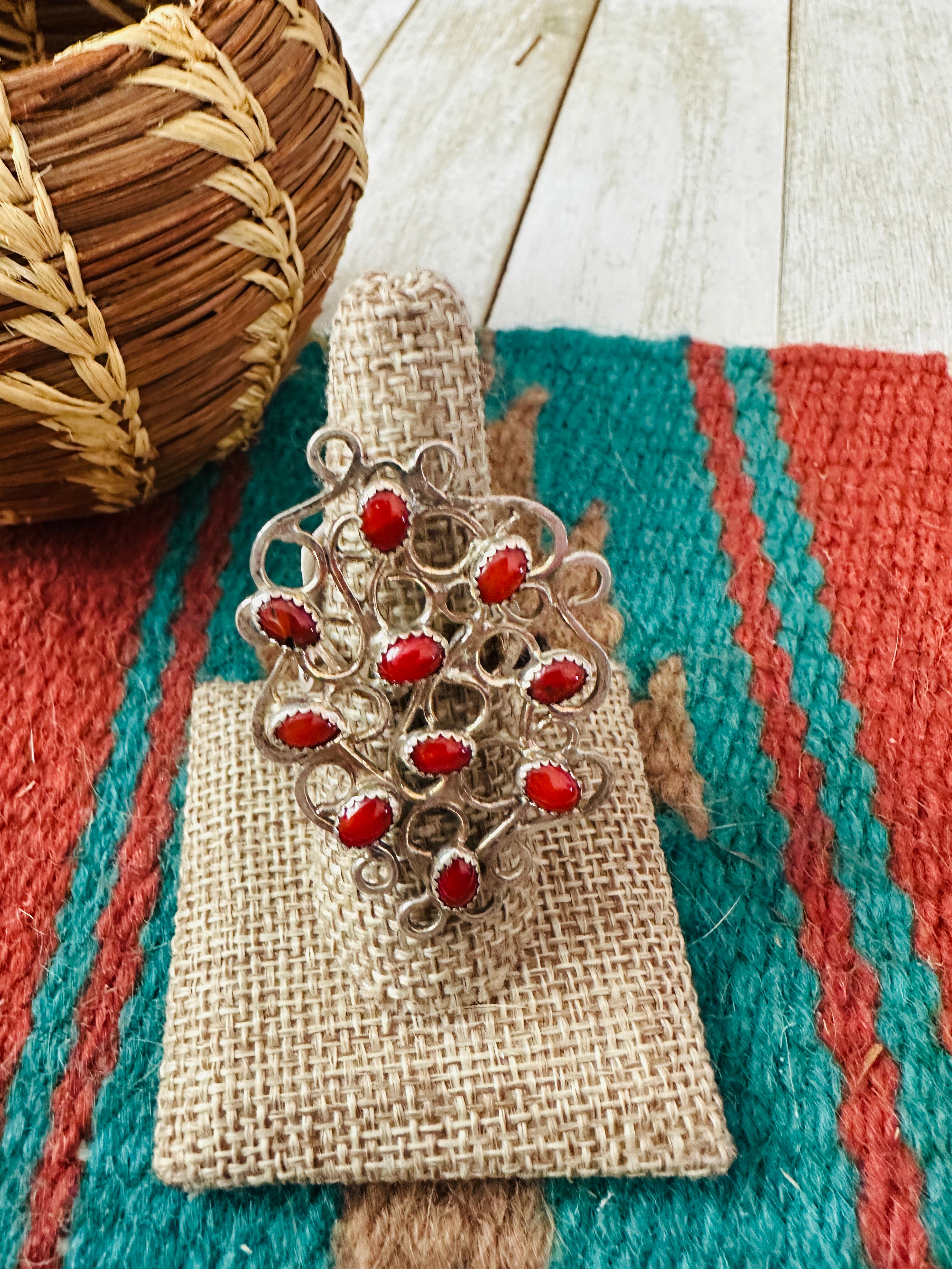 Handcrafted Sterling Silver & Coral Abstract Statement Ring Size 8.5