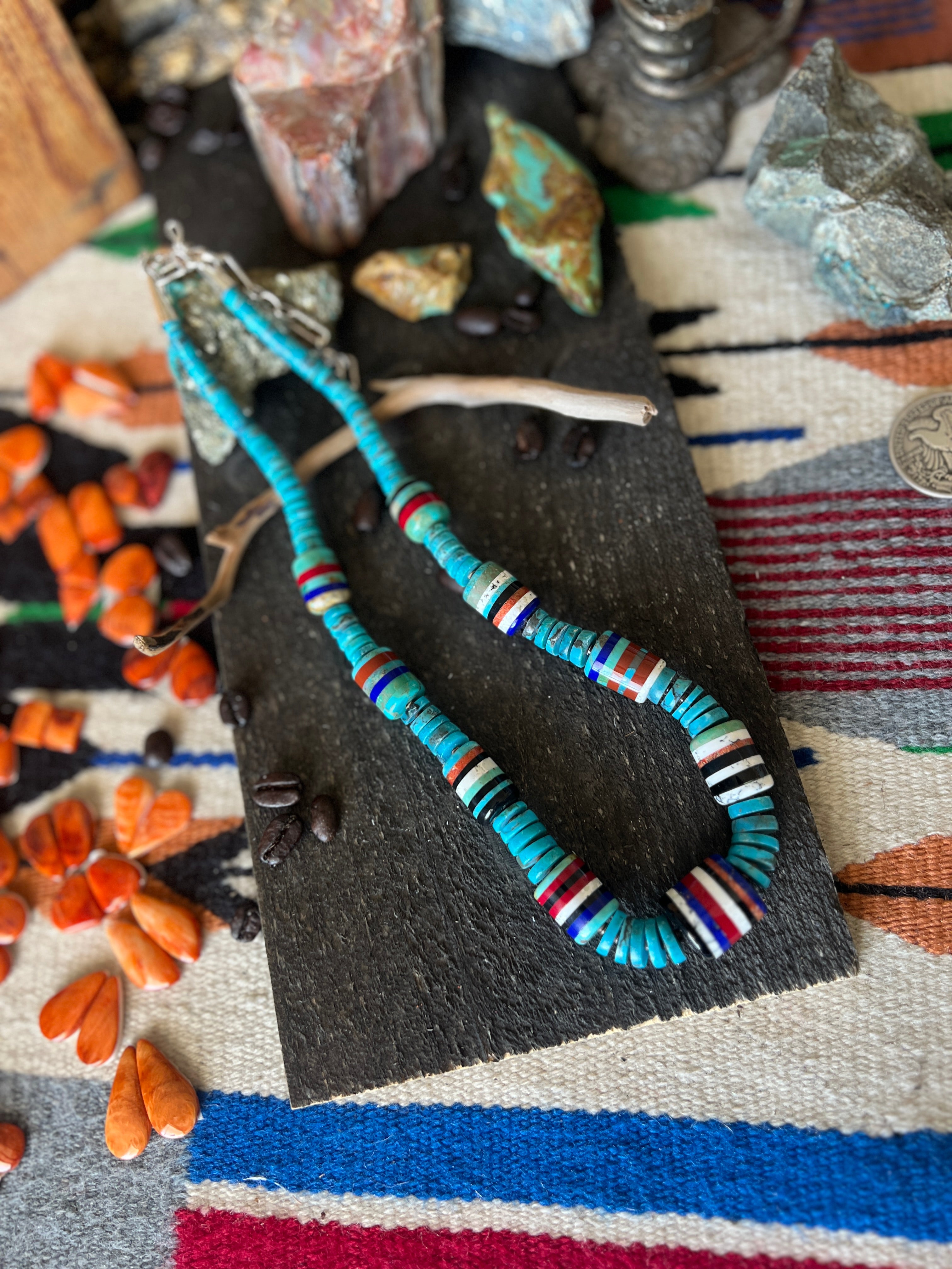 Ronald Chavez Handcrafted Turquoise Heishi Beaded Santo Domingo Necklace with Layered Barrel Bead Accents