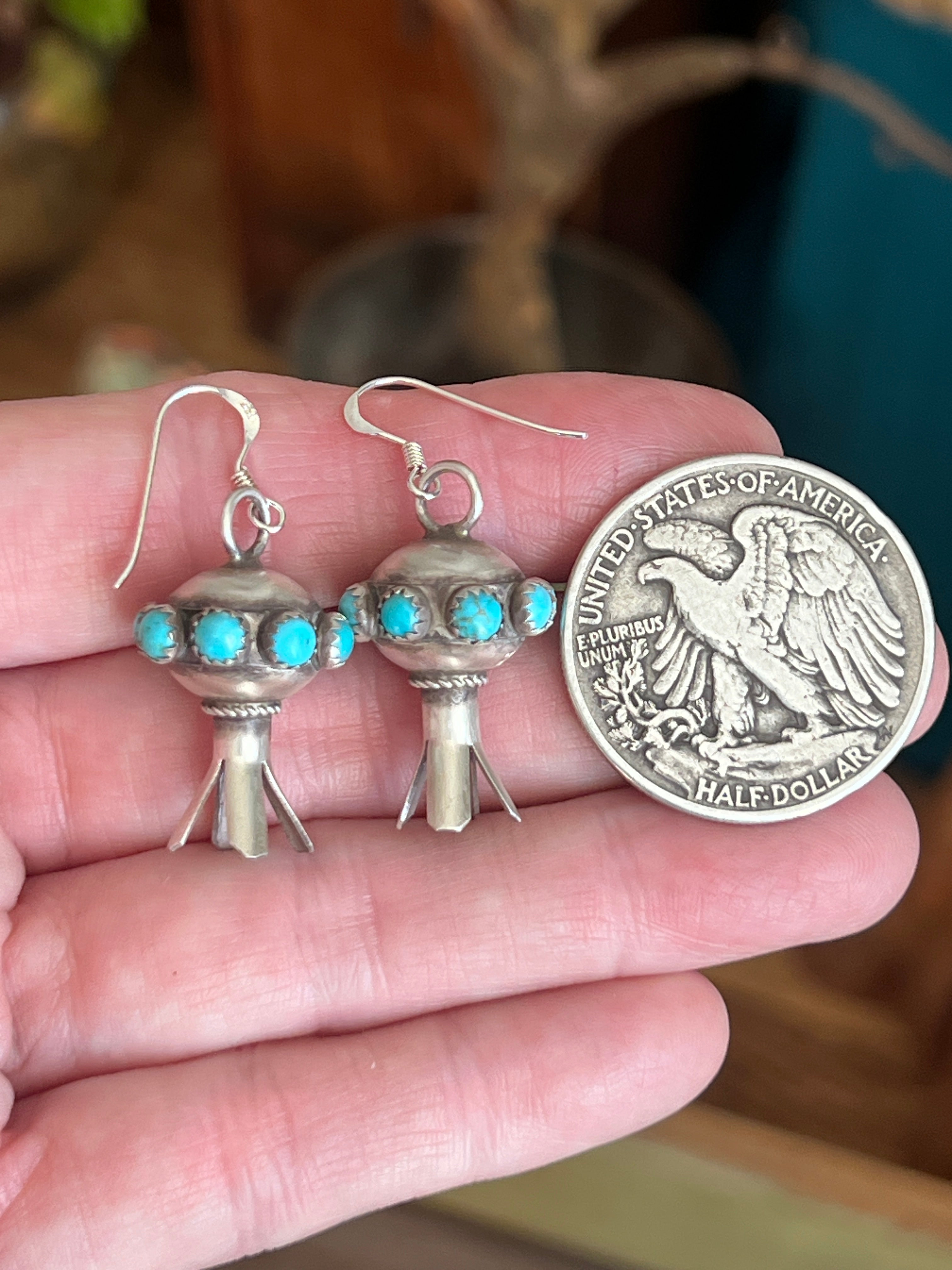 Handcrafted Sterling Silver Blossom Dangle Earrings with Turquoise by Monica Smith