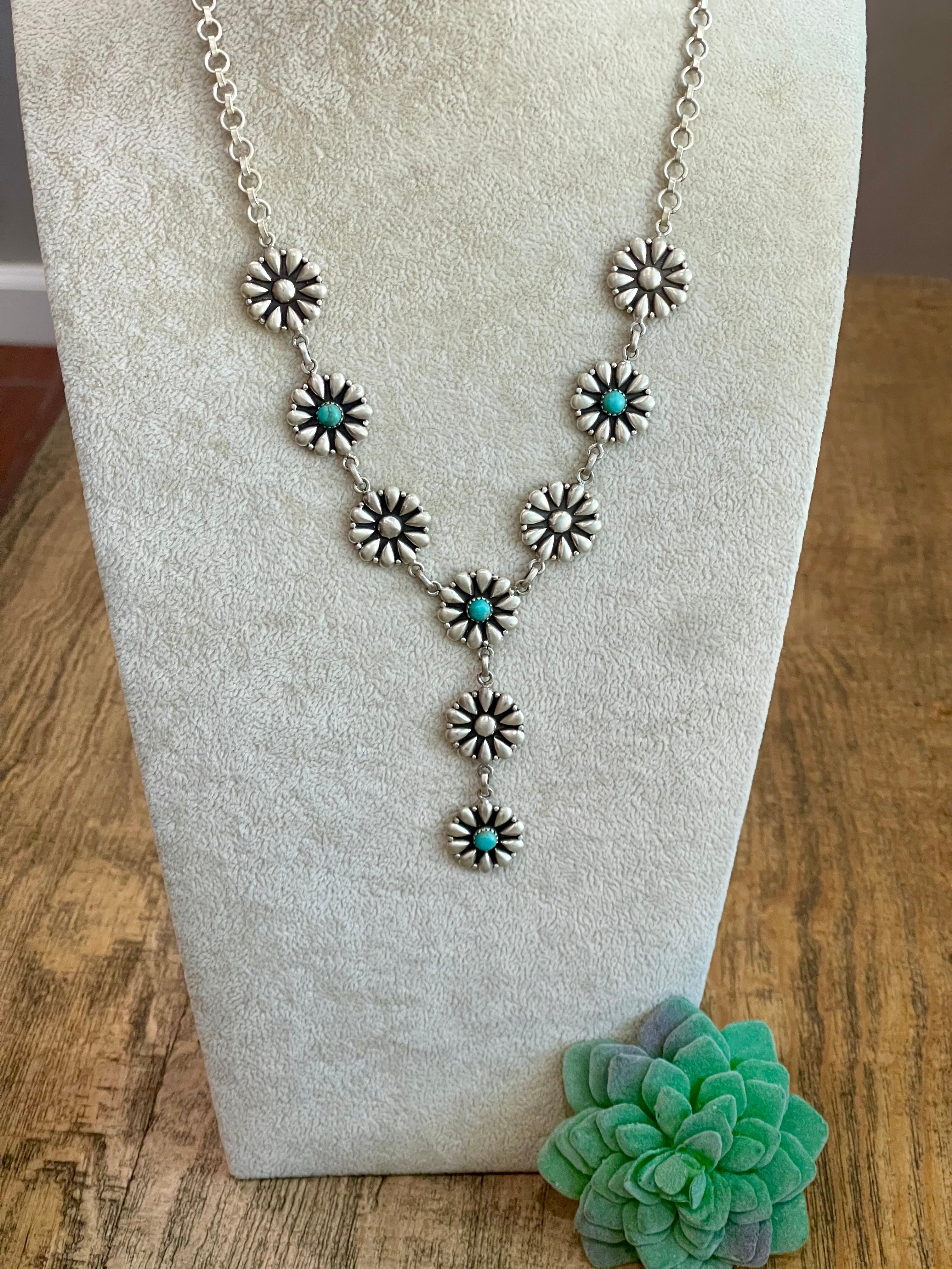 Handmade Sterling Silver & Turquoise Flower Lariat Necklace