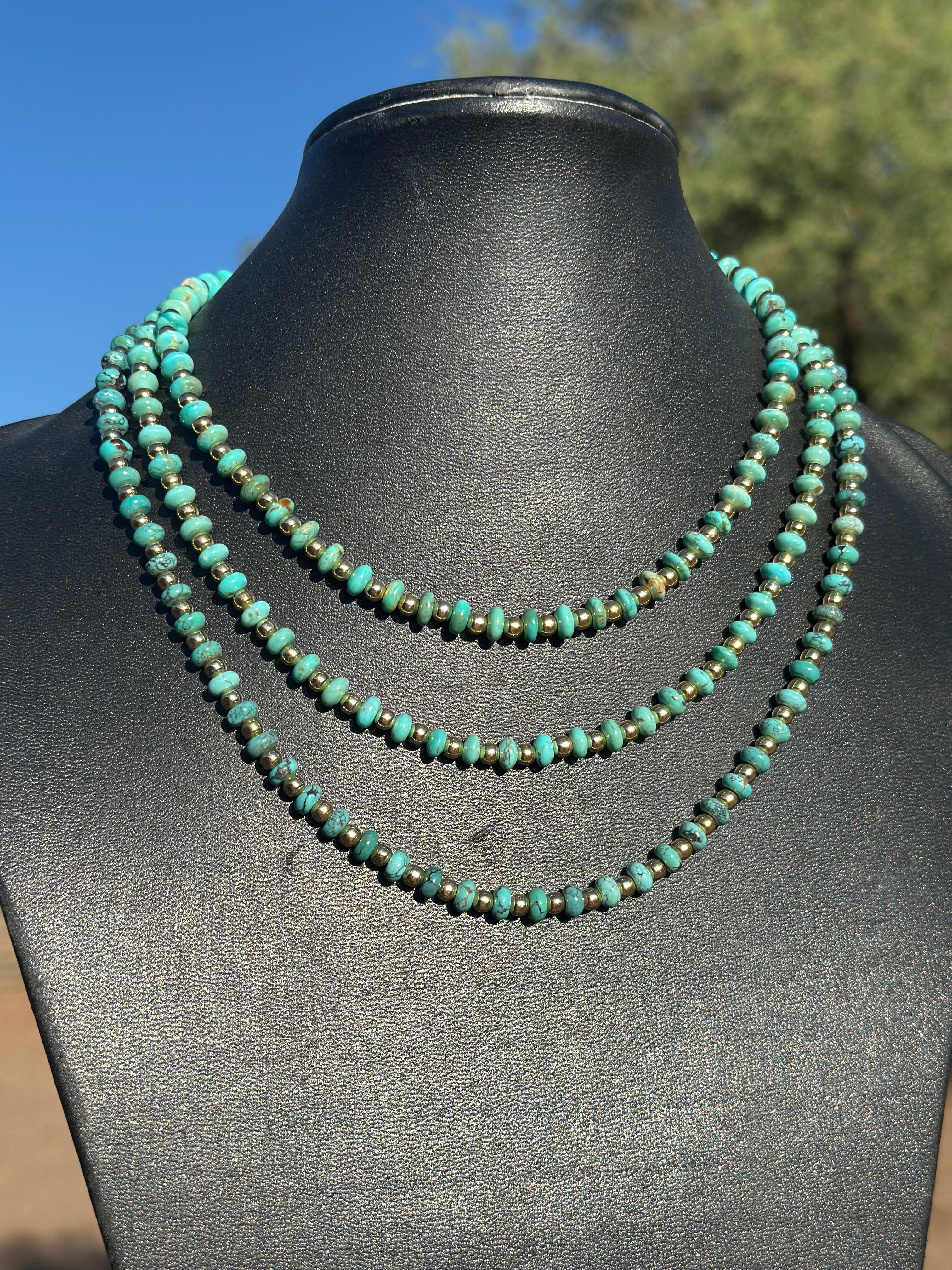 Gilded Sky Turquoise, Gold & Sterling Silver Beaded Necklace and Bracelets