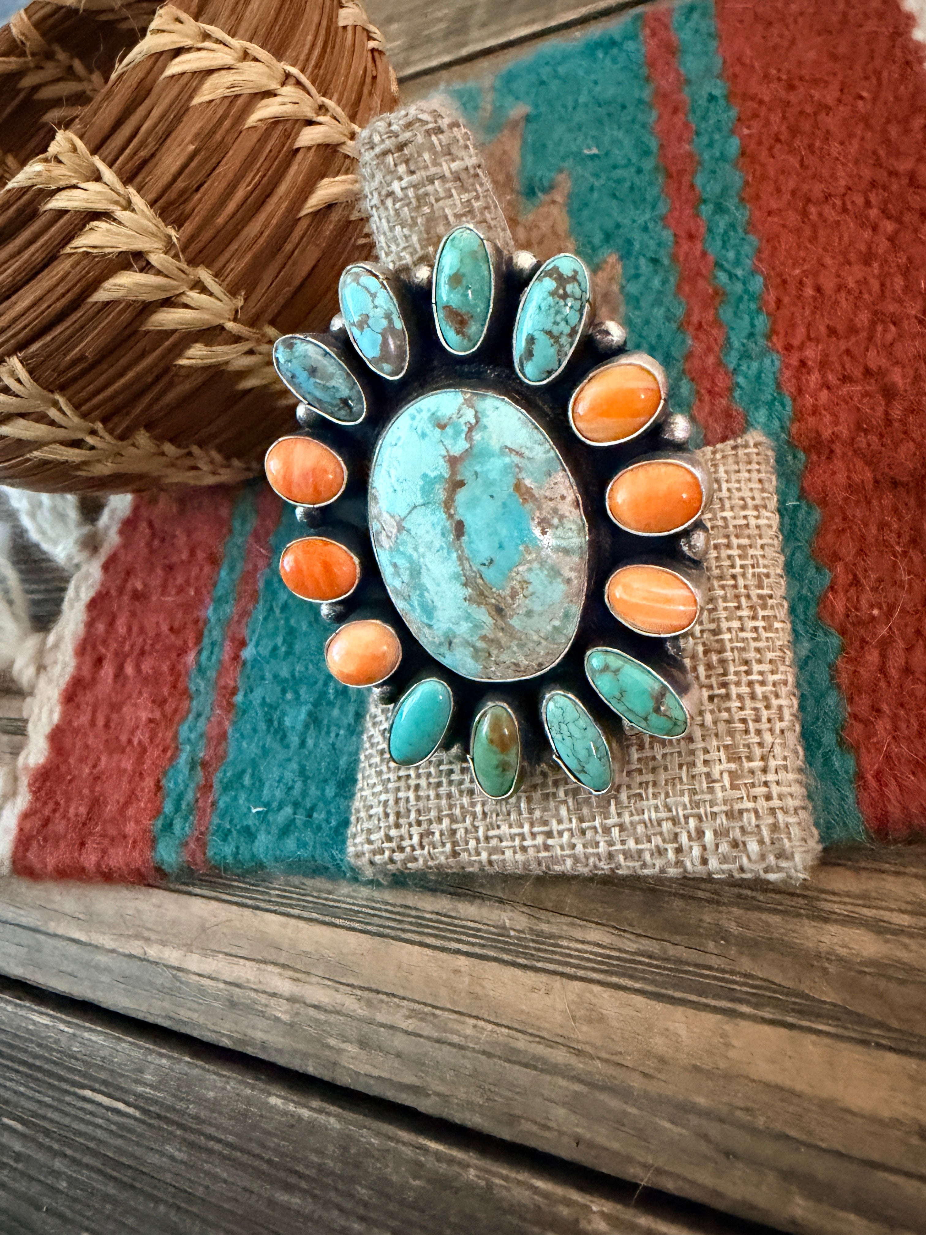 Handcrafted Spiny Oyster, Turquoise & Sterling Silver Cluster Ring by Sheila Becenti Size 11.5