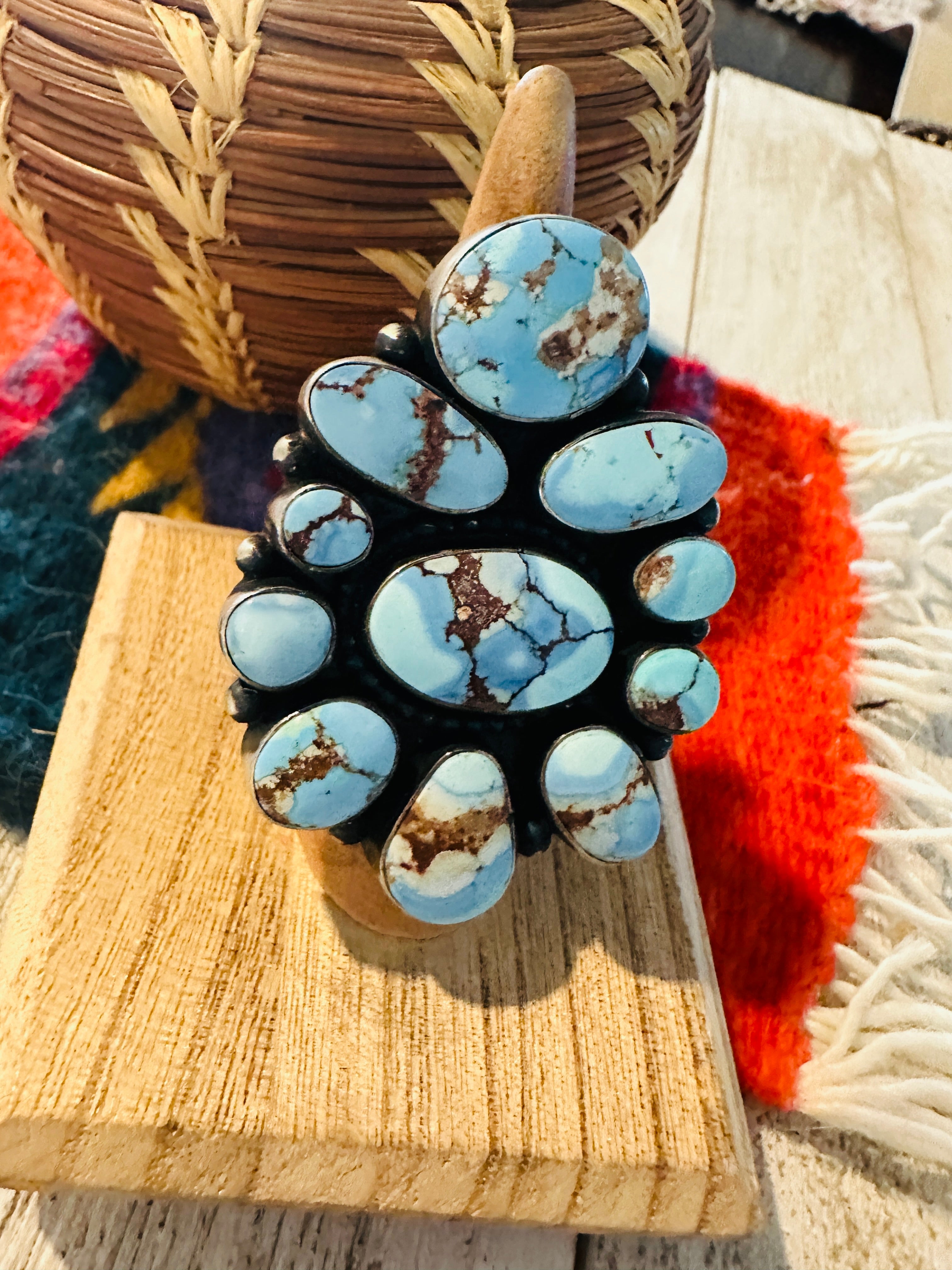 Navajo Golden Hills Turquoise & Sterling Silver Cluster Ring Size 7 by B. Yellowhorse