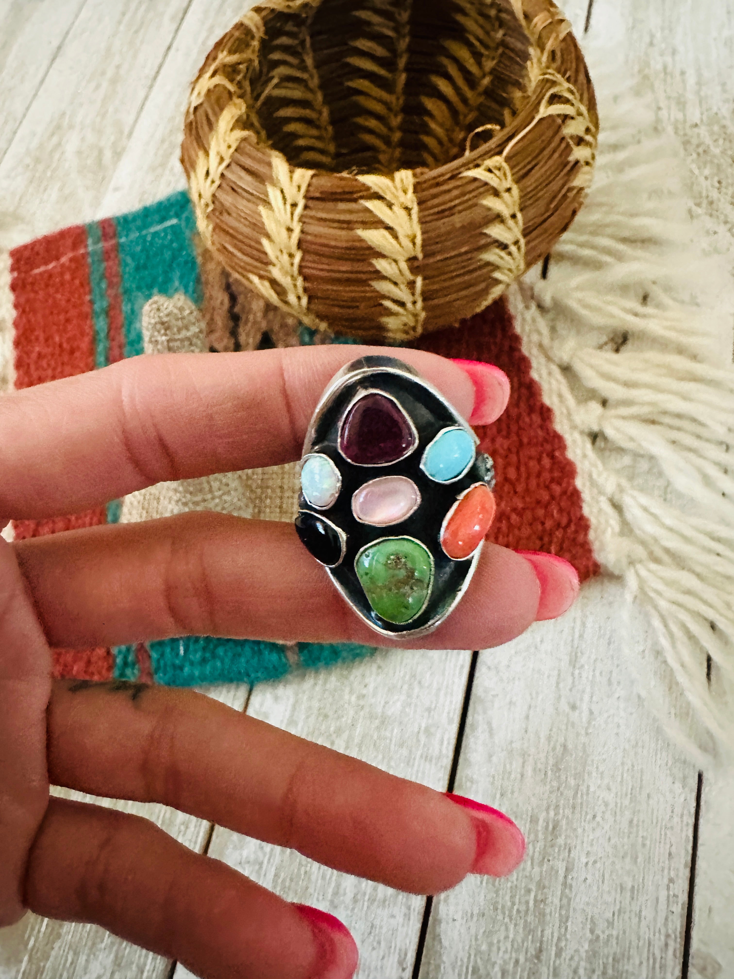 Handcrafted Sterling Silver & Multi Stone Cluster Ring Size 8 by Emer Thompson