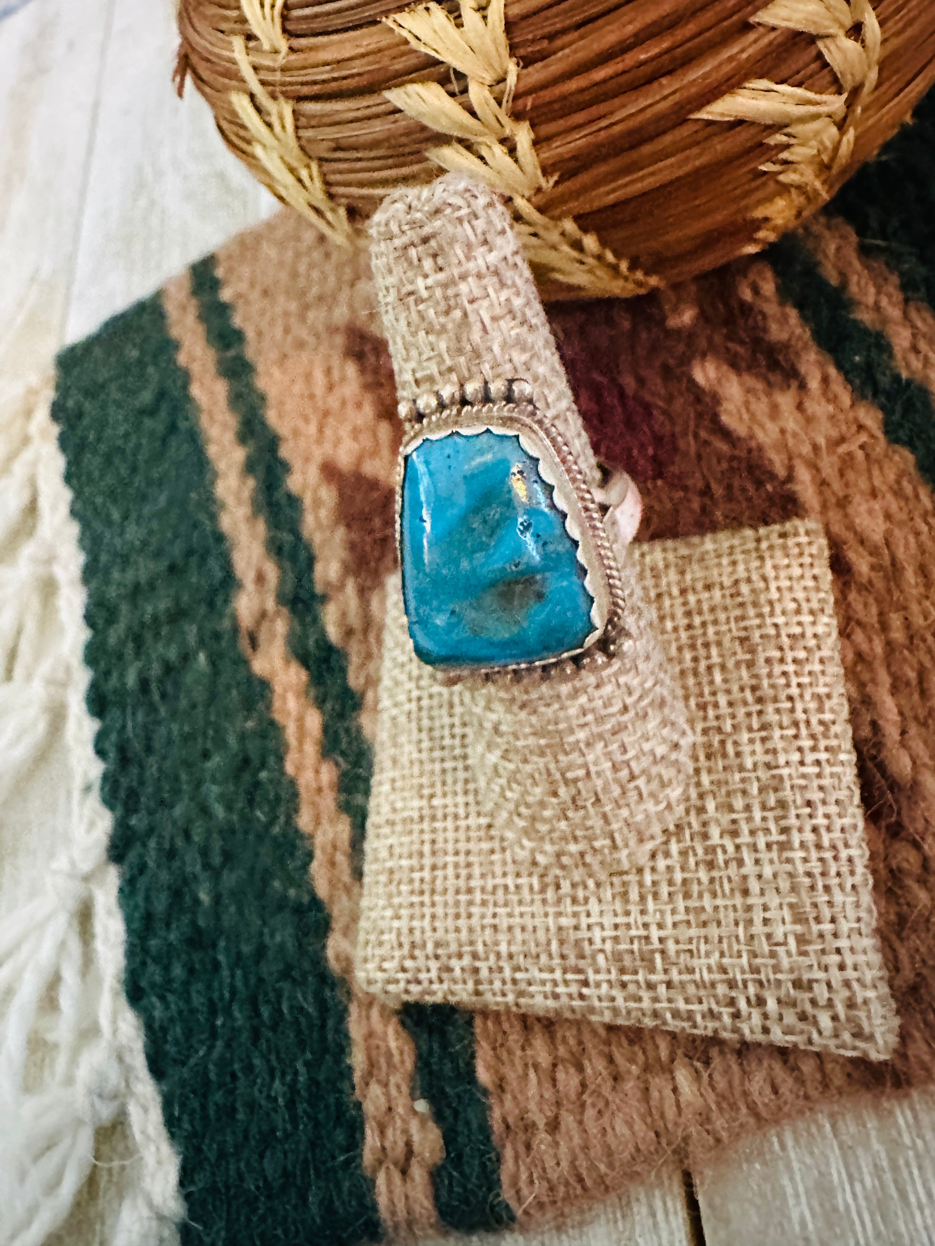 Old Pawn Handcrafted Turquoise & Sterling Silver Ring Size 8