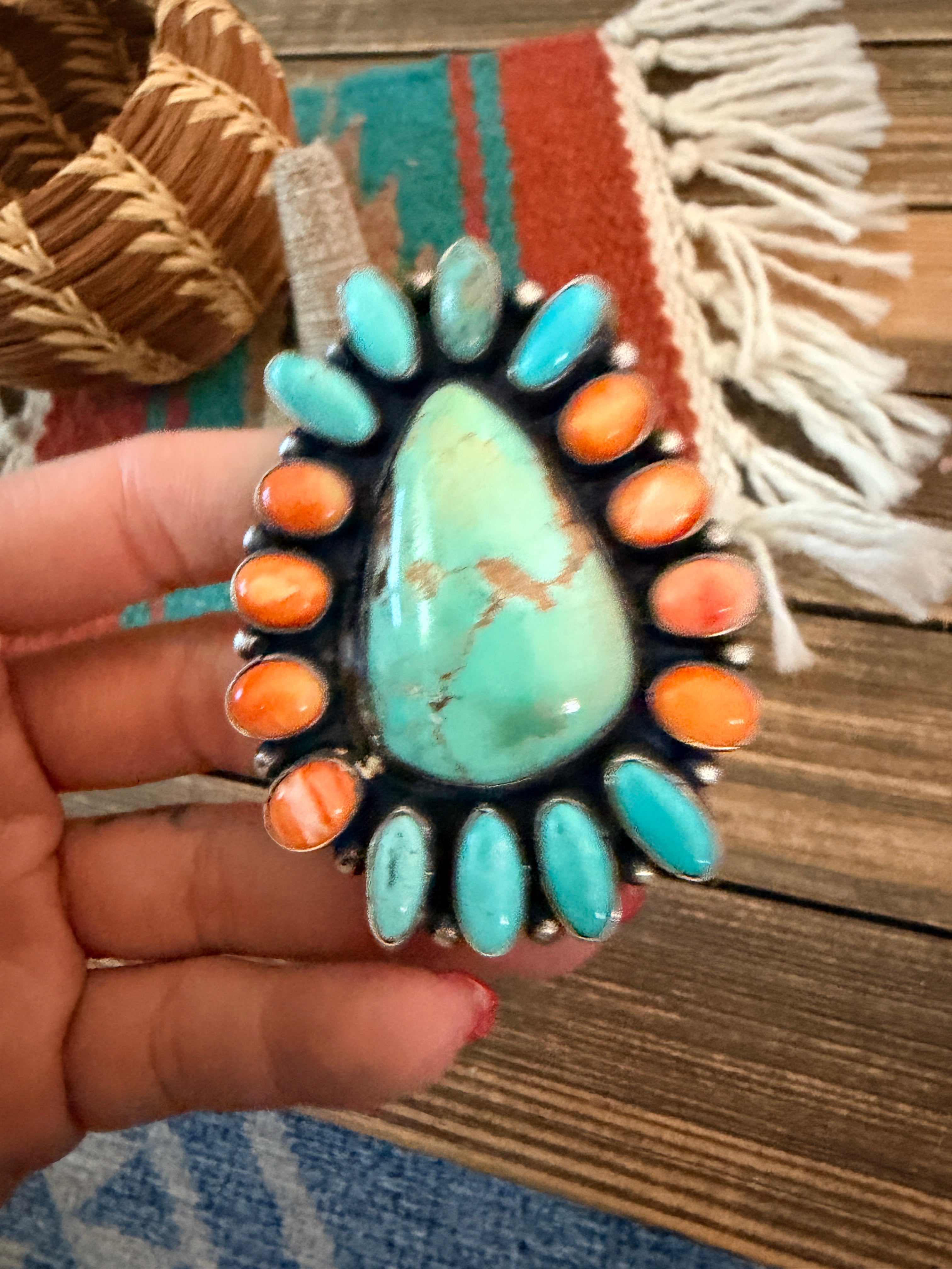 Handcrafted Spiny Oyster, Turquoise & Sterling Silver Cluster Ring by Sheila Becenti Size 11.25