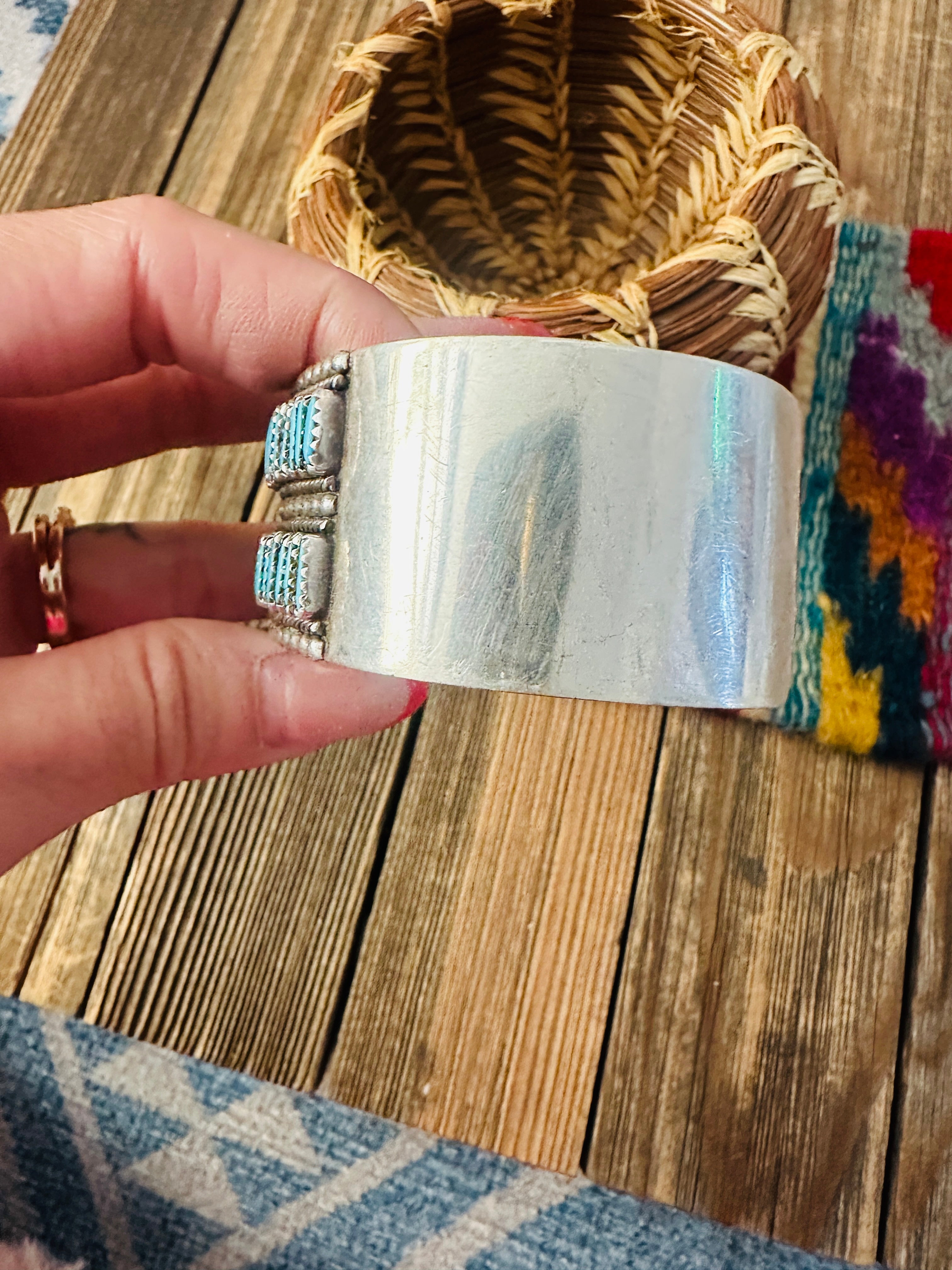 Handcrafted Old Pawn Sterling Silver & Turquoise Needlepoint Cuff Bracelet