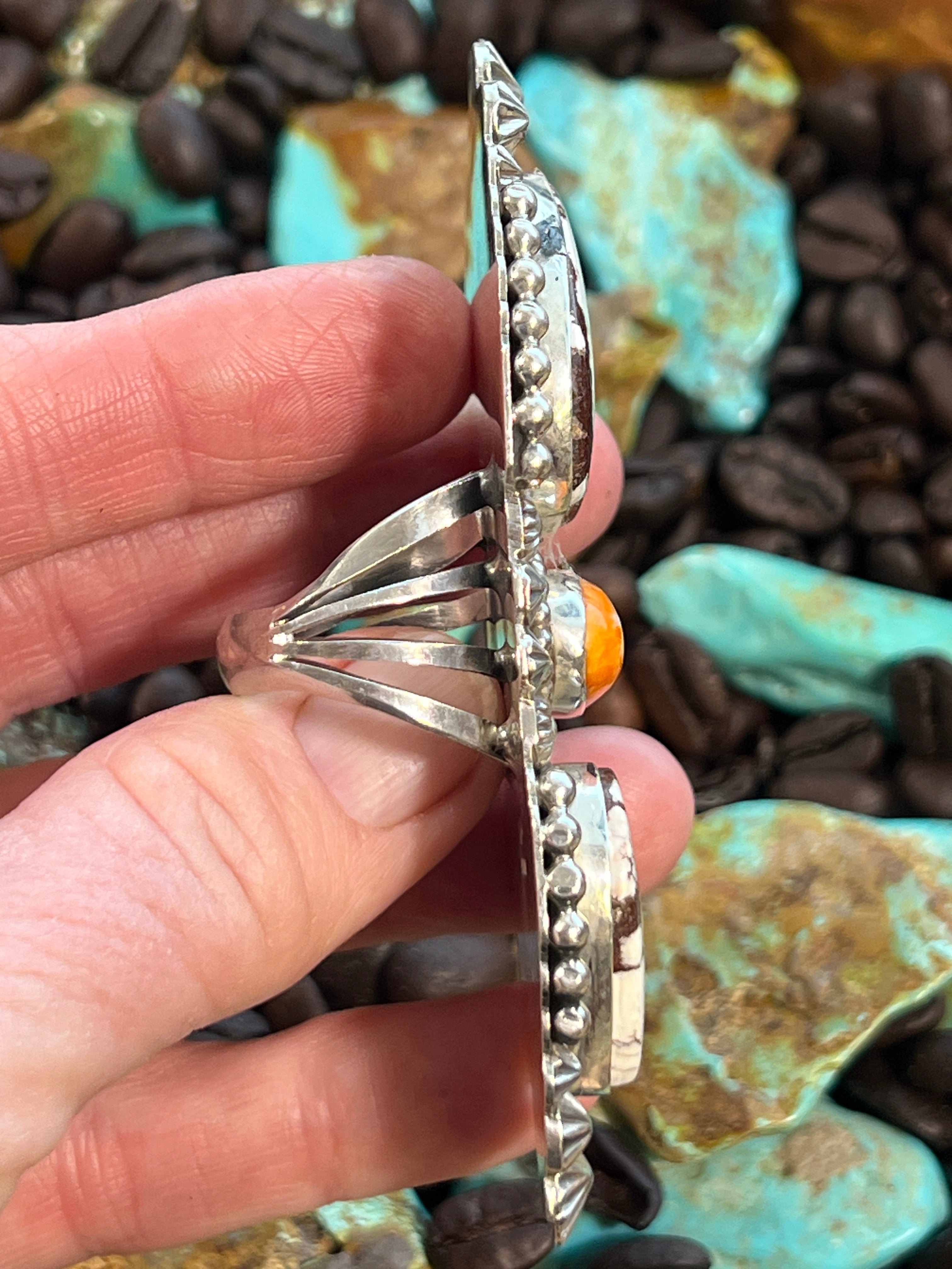 Apache Sterling Silver, Wild Horse Heart and Spiny Oyster Shell Statement Ring by Rosella Paxson, Size 9