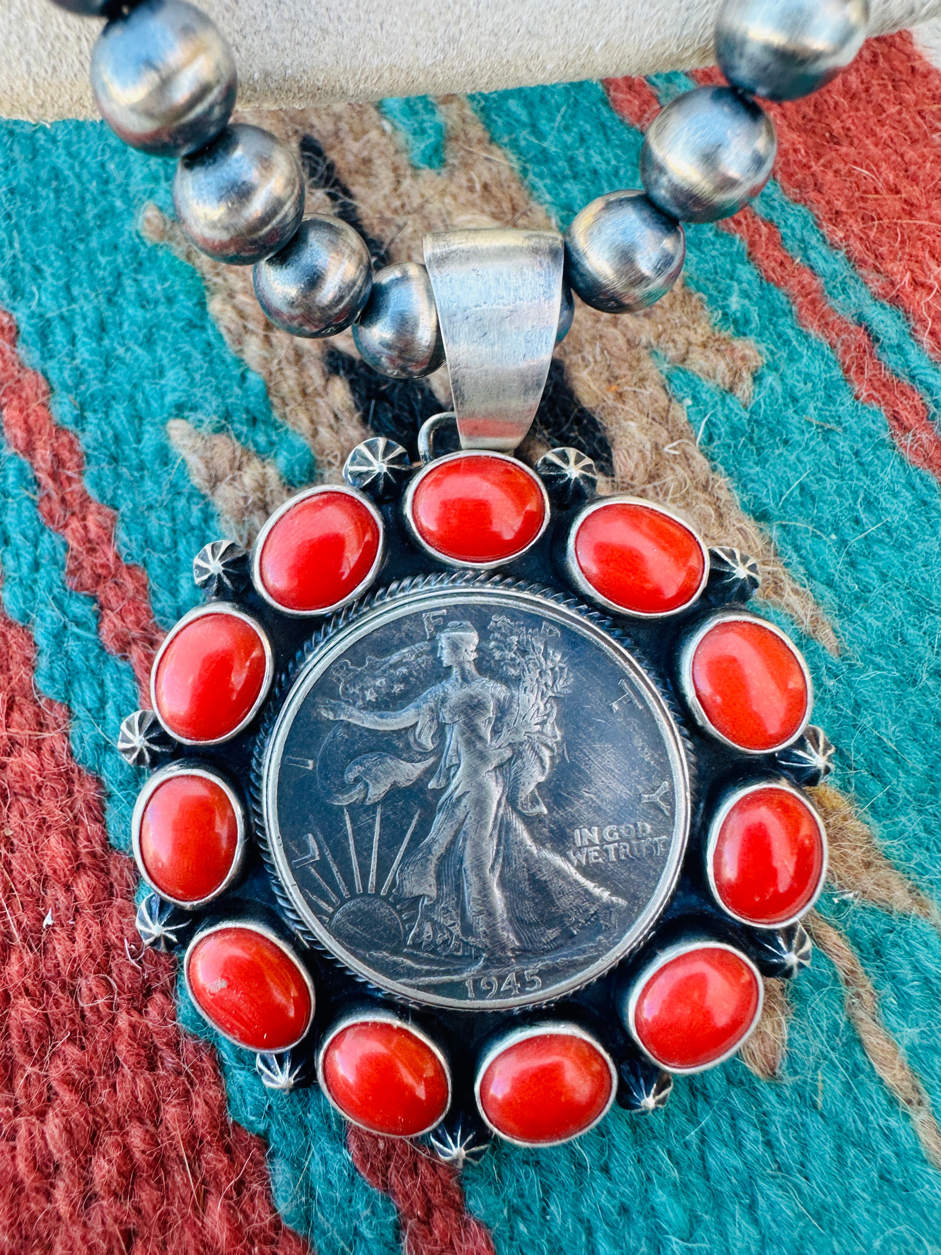 Handcrafted Sterling Silver and Coral Liberty Coin Necklace by Darrin Livingston