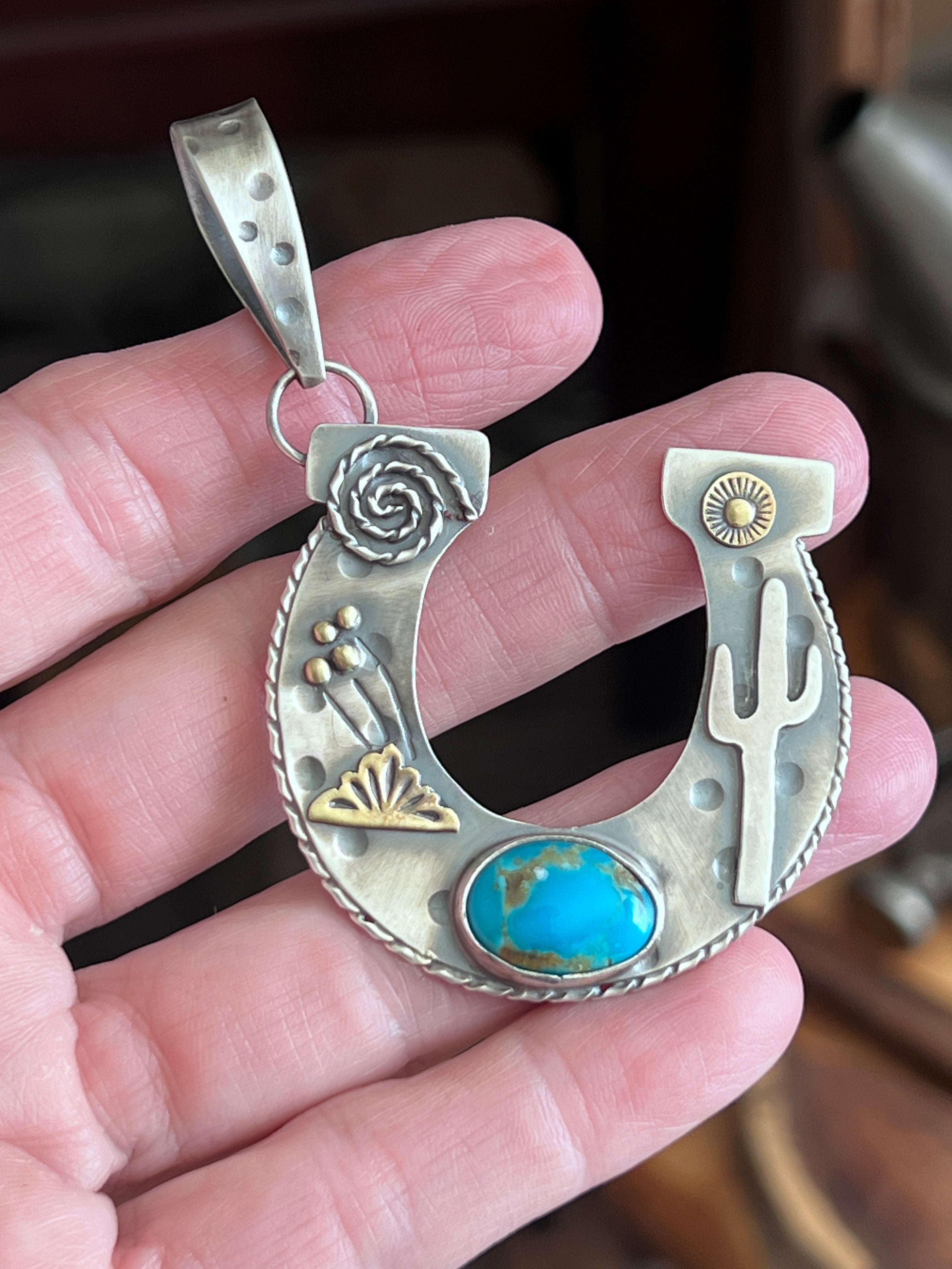 Kimari Somers Hand Stamped Sterling Silver Sonoran Desert Horseshoe Pendant with Brass & Royston Turquoise