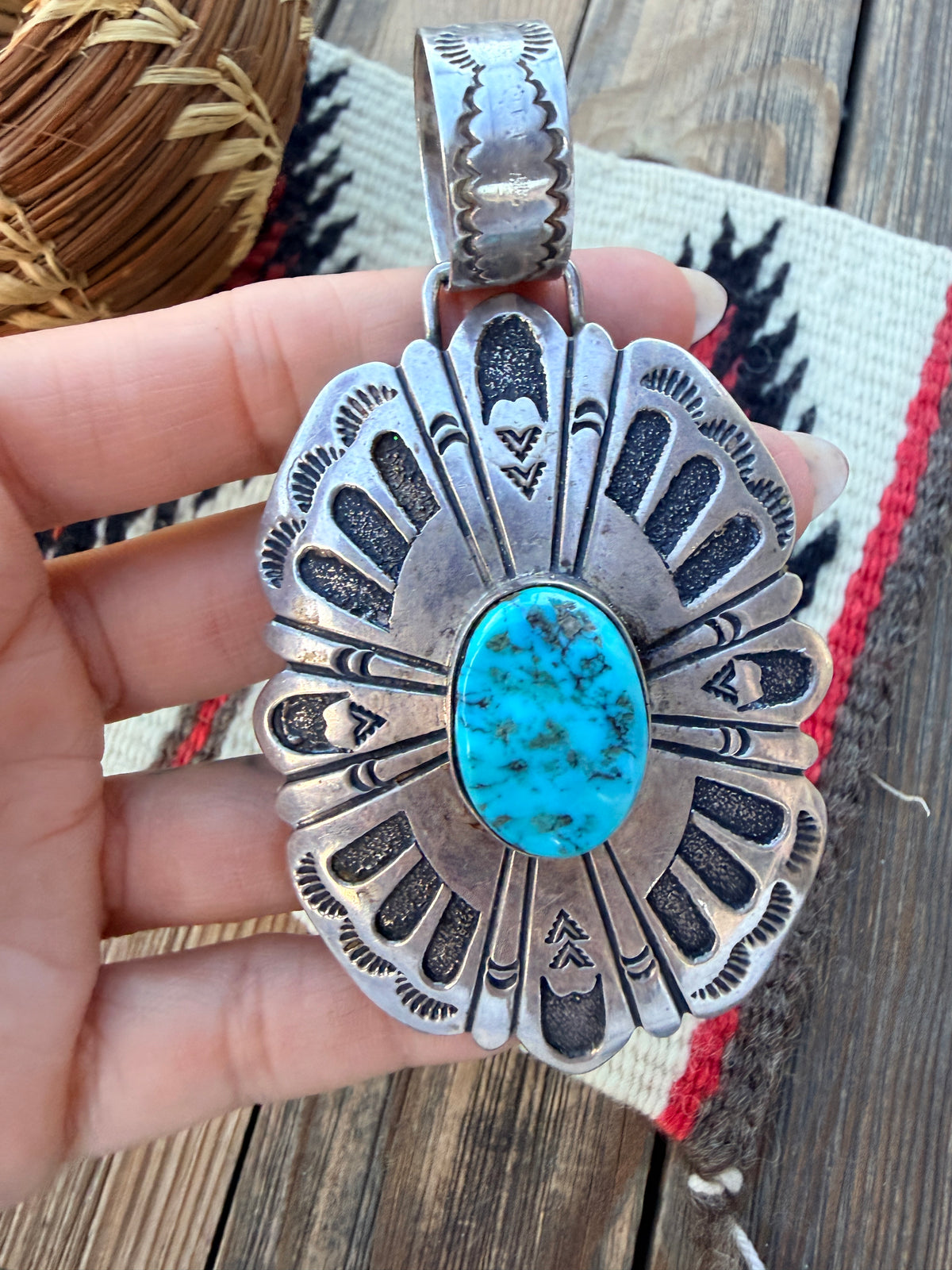 Old Pawn Handcrafted Turquoise and Sterling Silver Pendant by Tommy Singer