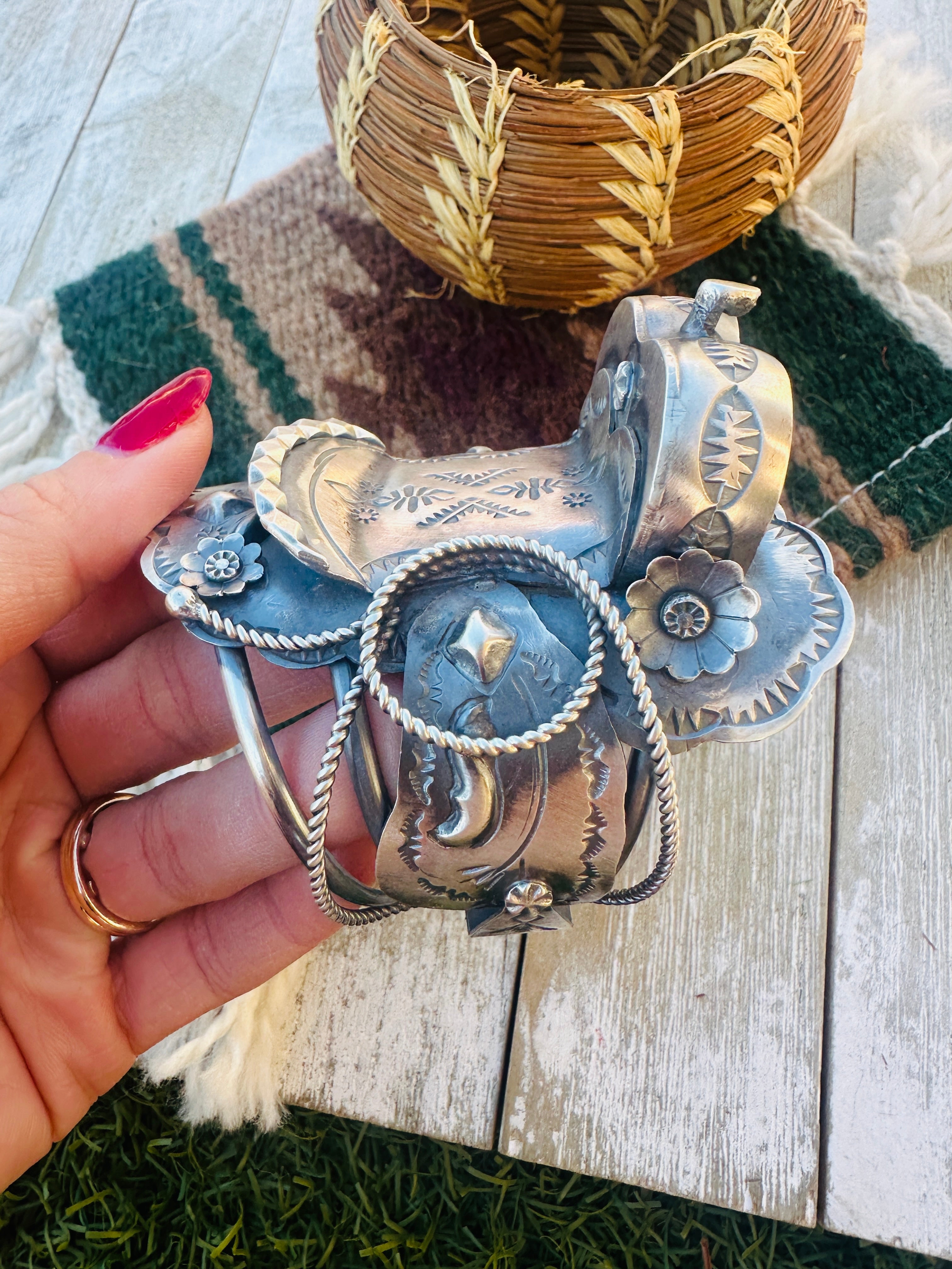 Handcrafted Sterling Silver Saddle Cuff Bracelet by Tim Yazzie