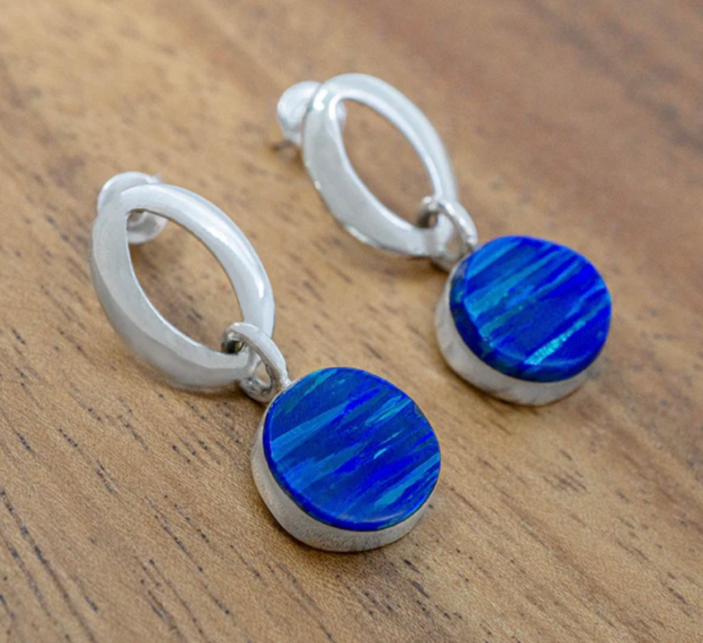 Dark Blue Opal Dangle Sterling Silver Earrings