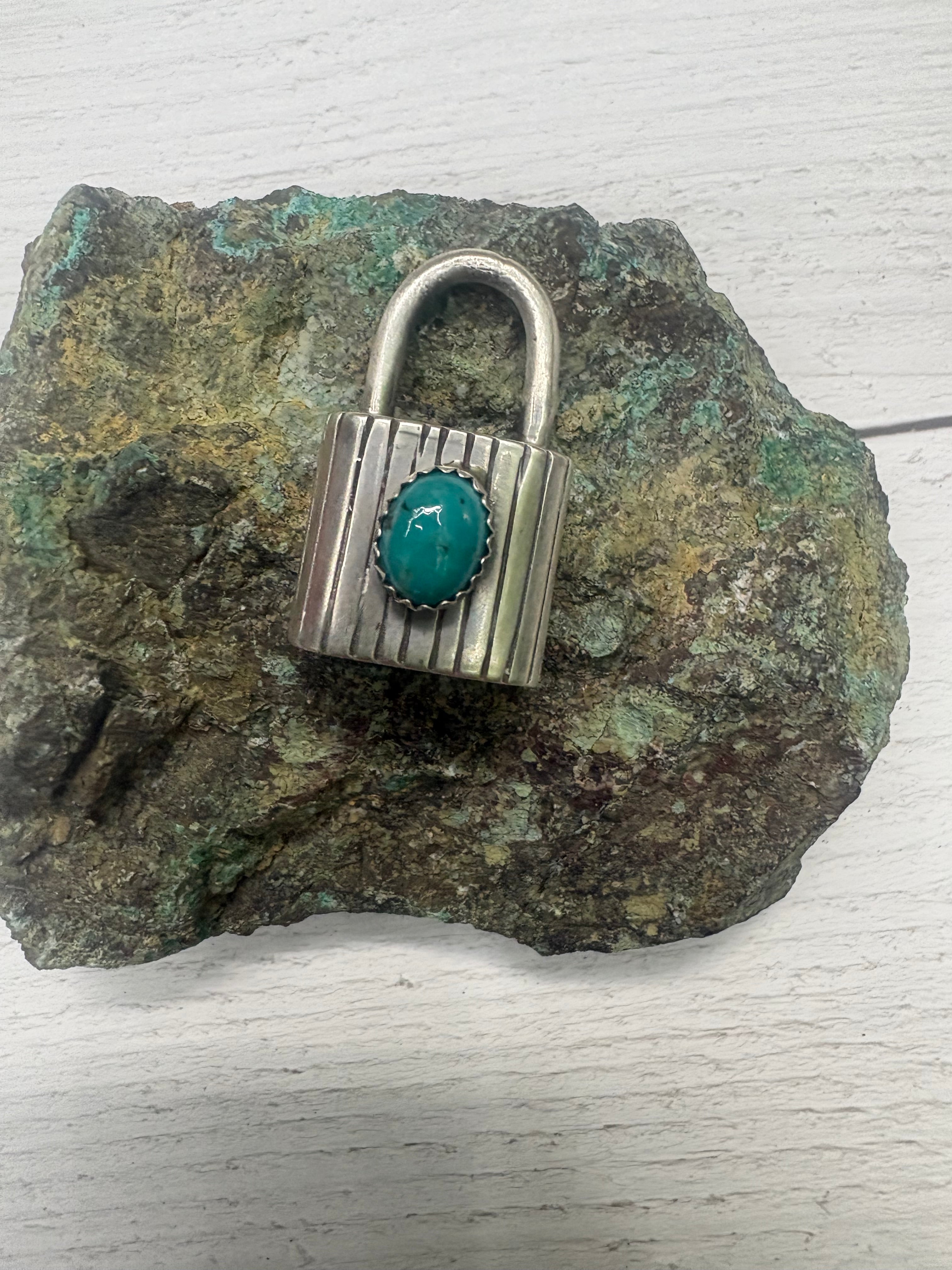 Sterling Silver Padlock Pendant with Kingman Stone Accent