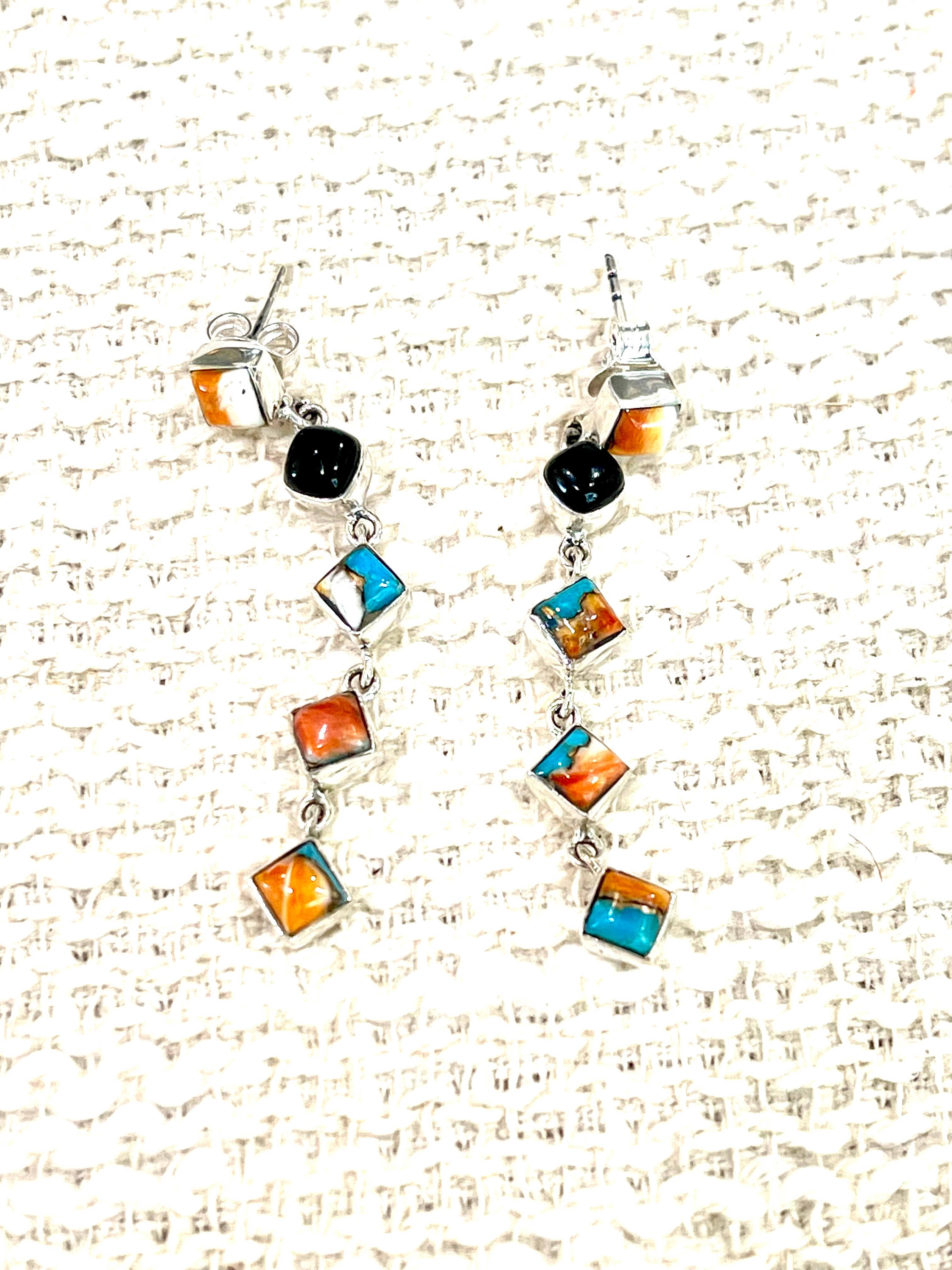 Handmade Onyx, Spice and Sterling Silver Post Dangle Earrings Signed Nizhoni