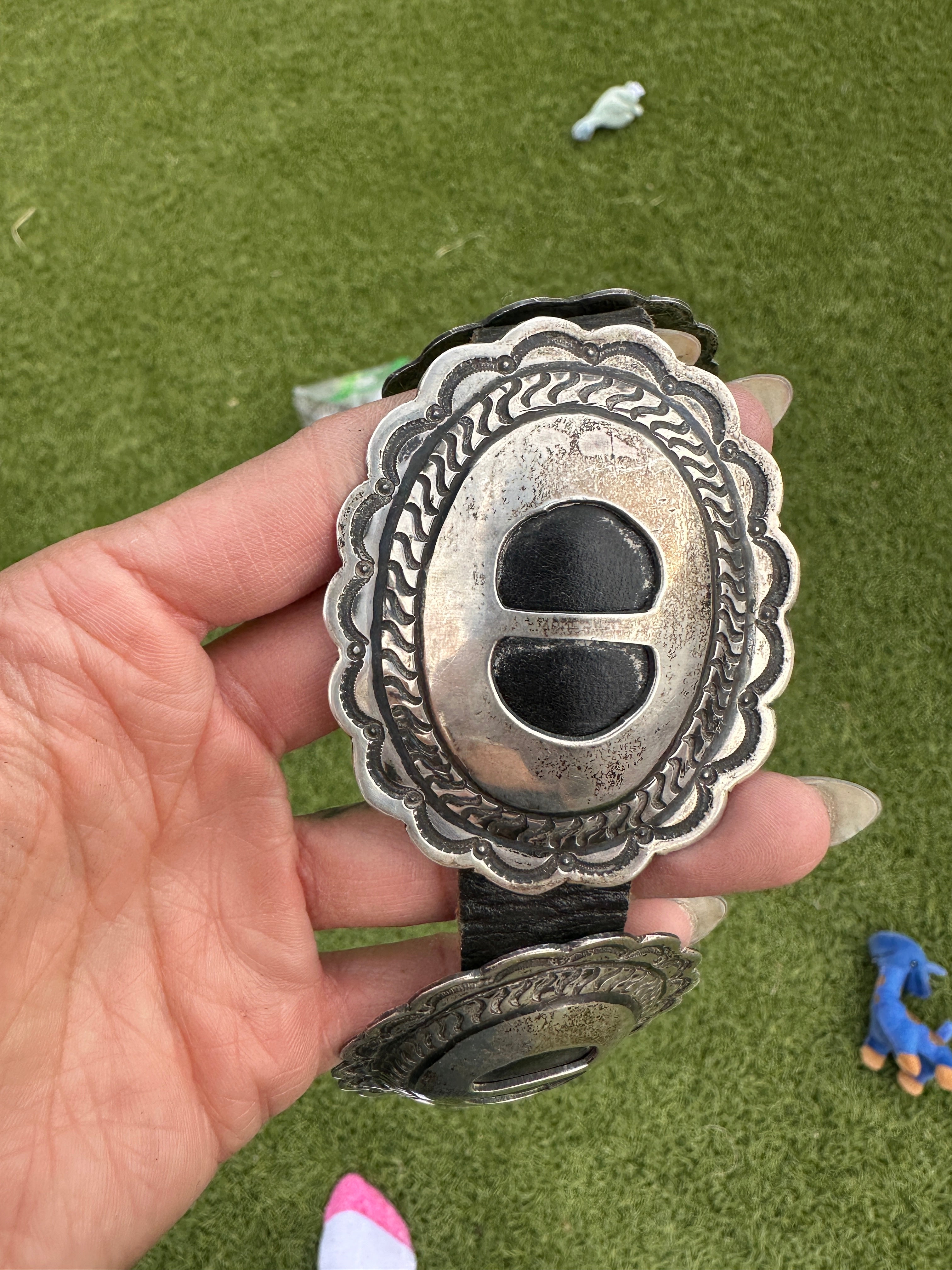 Handcrafted Vintage Old Pawn Black Leather Sterling Silver Concho Belt
