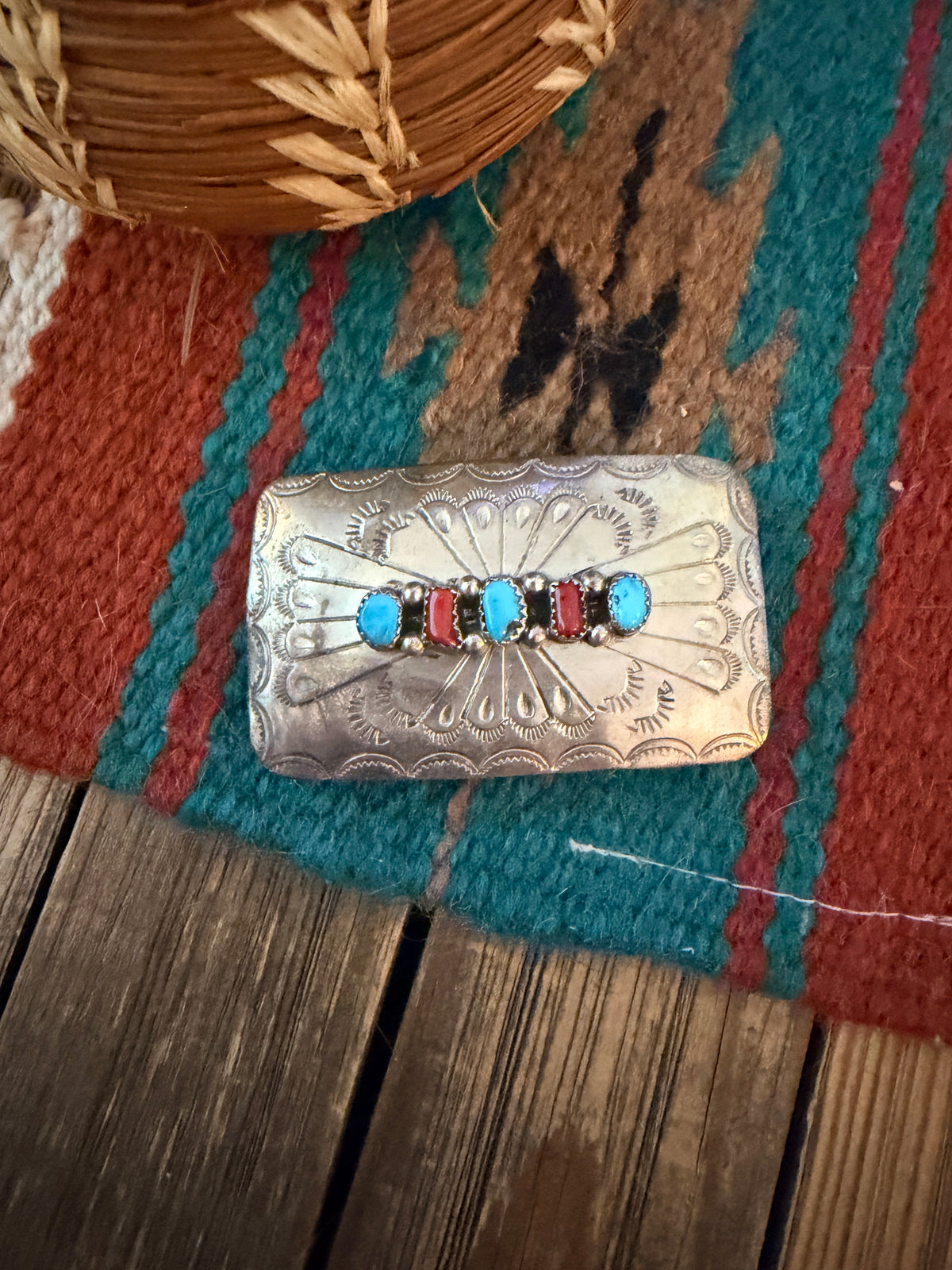 Handcrafted Vintage Old Pawn Sterling Silver, Turquoise & Coral Belt Buckle