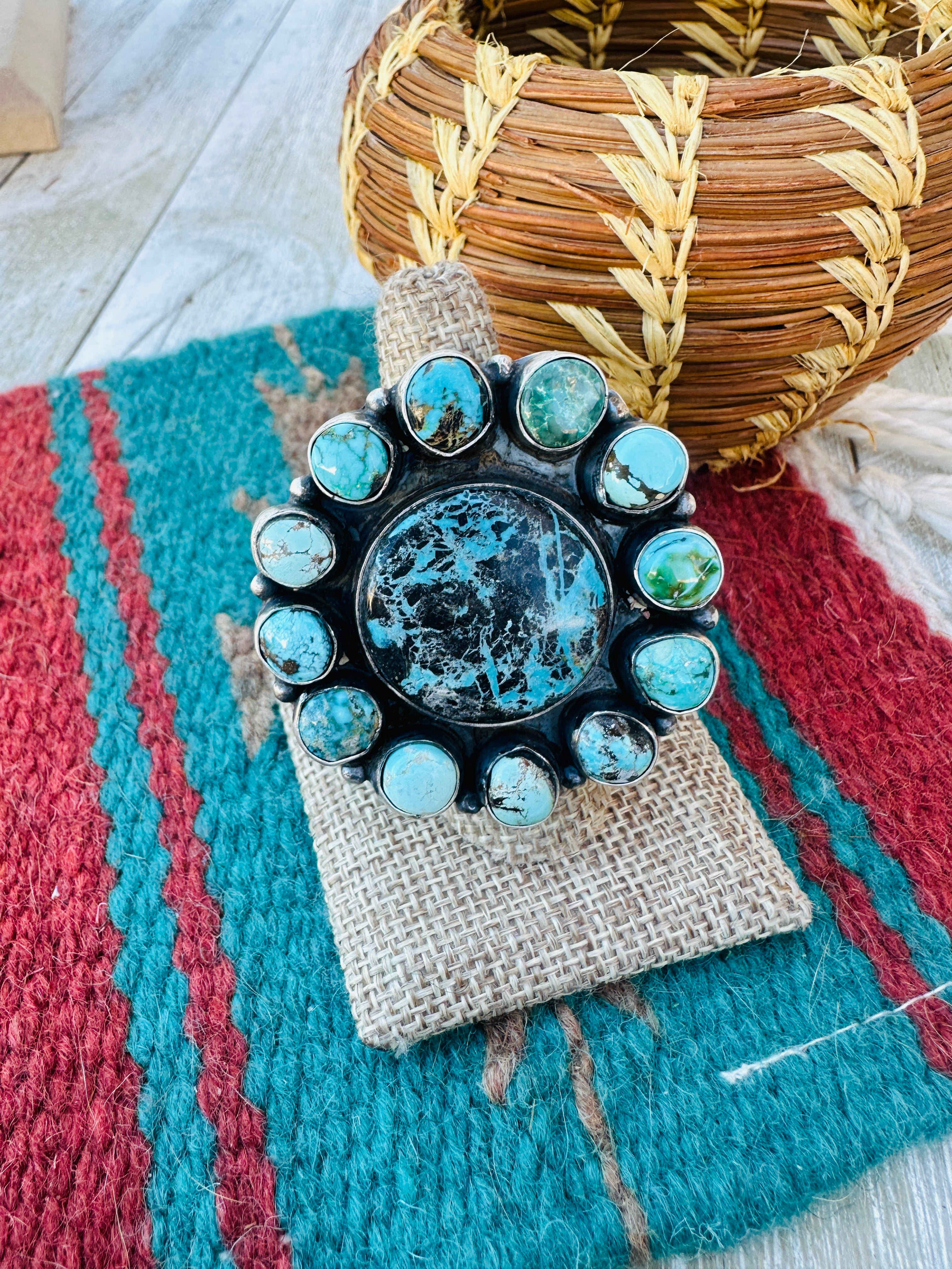 Hand Crafted Multi Turquoise & Sterling Silver Cluster Ring Size 9 by Ella Peter