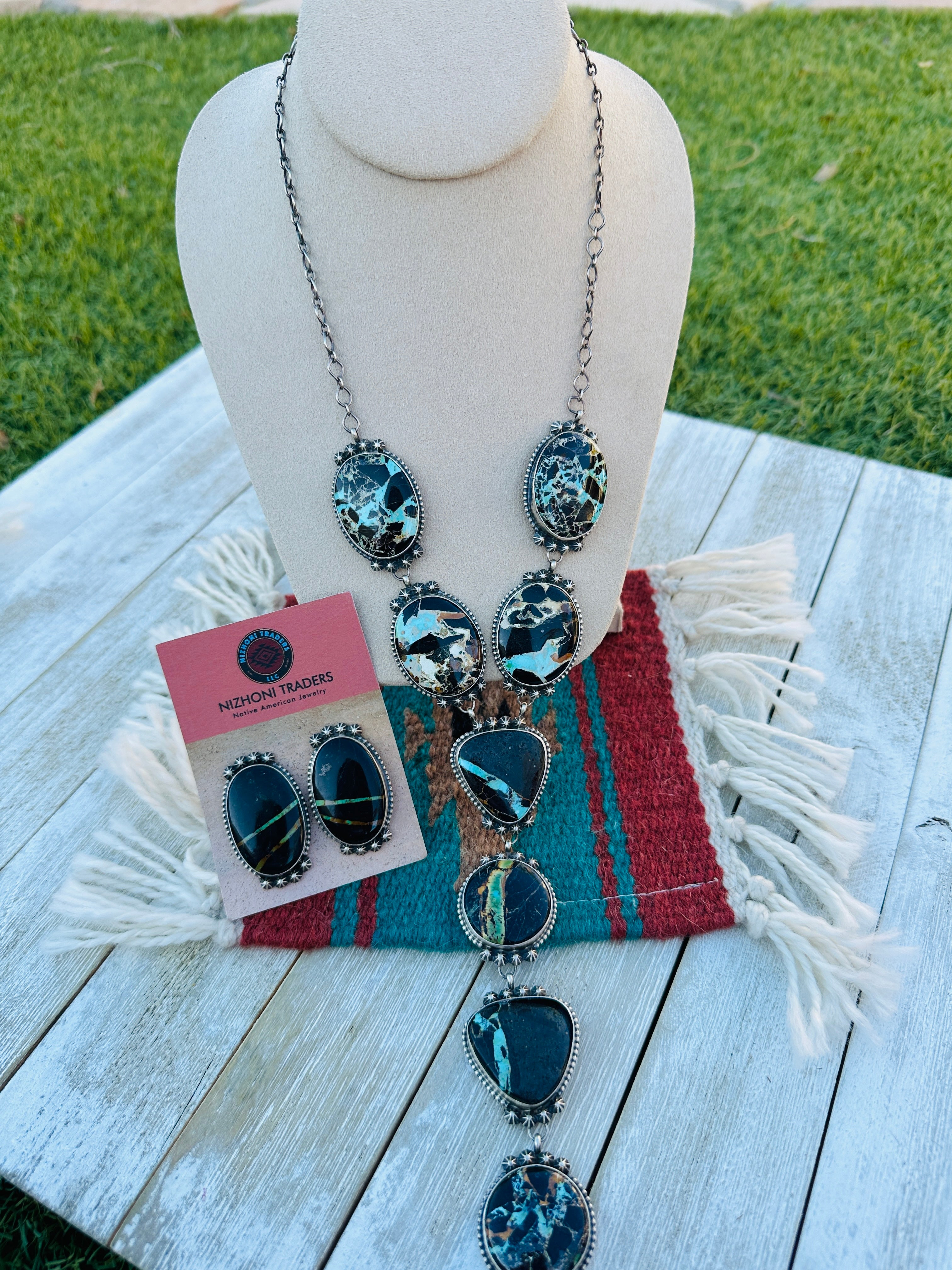 Handcrafted Blackjack Turquoise & Sterling Silver Necklace Set by Dave Skeets
