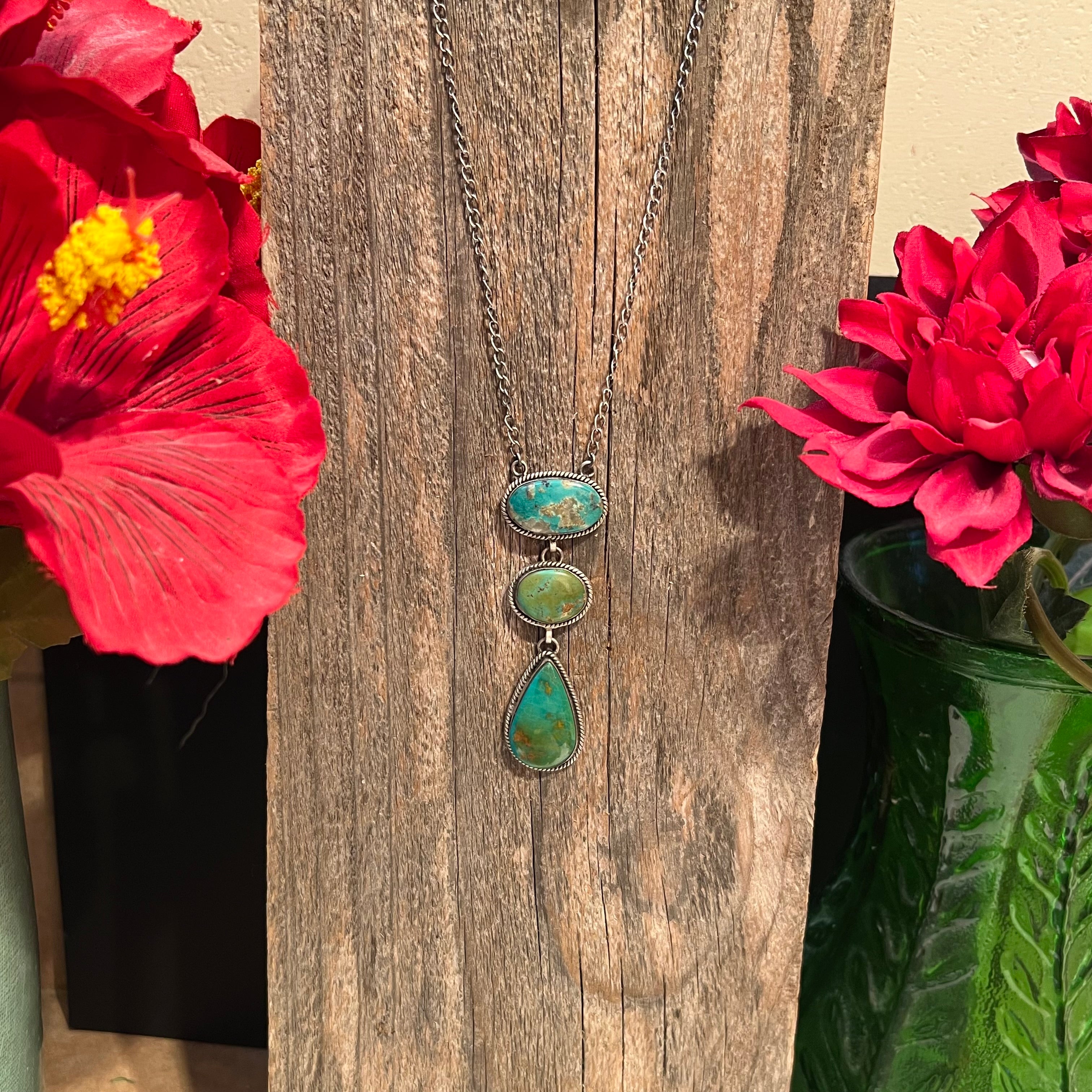 Handmade 3 Stone Turquoise & Sterling Silver Drop Necklace (04)