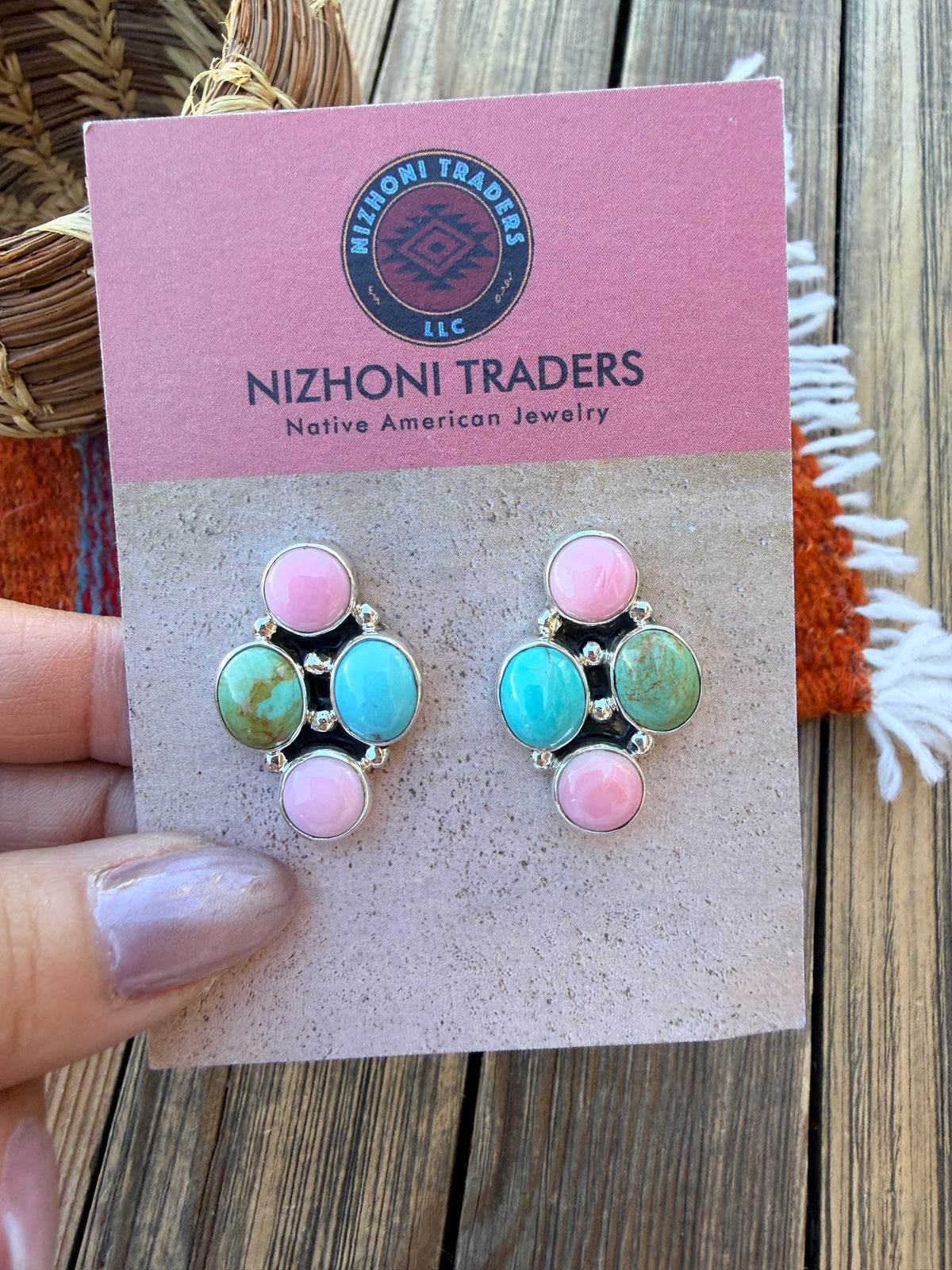 Handcrafted Sterling Silver, Turquoise & Queen Pink Conch Cluster Post Earrings