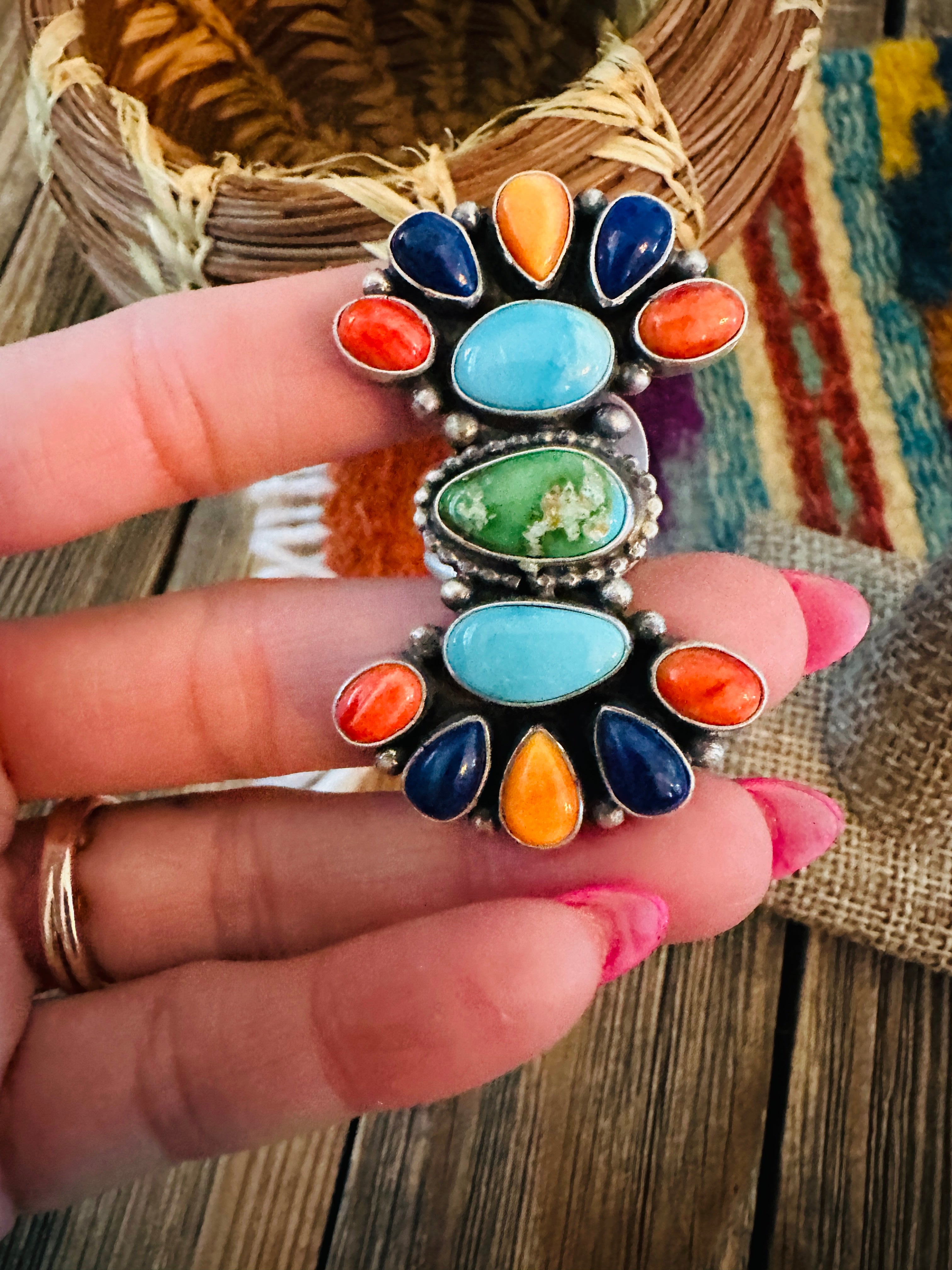 Handcrafted Sterling Silver & Multi Stone Cluster Ring Size 4.5 by Betty Tom