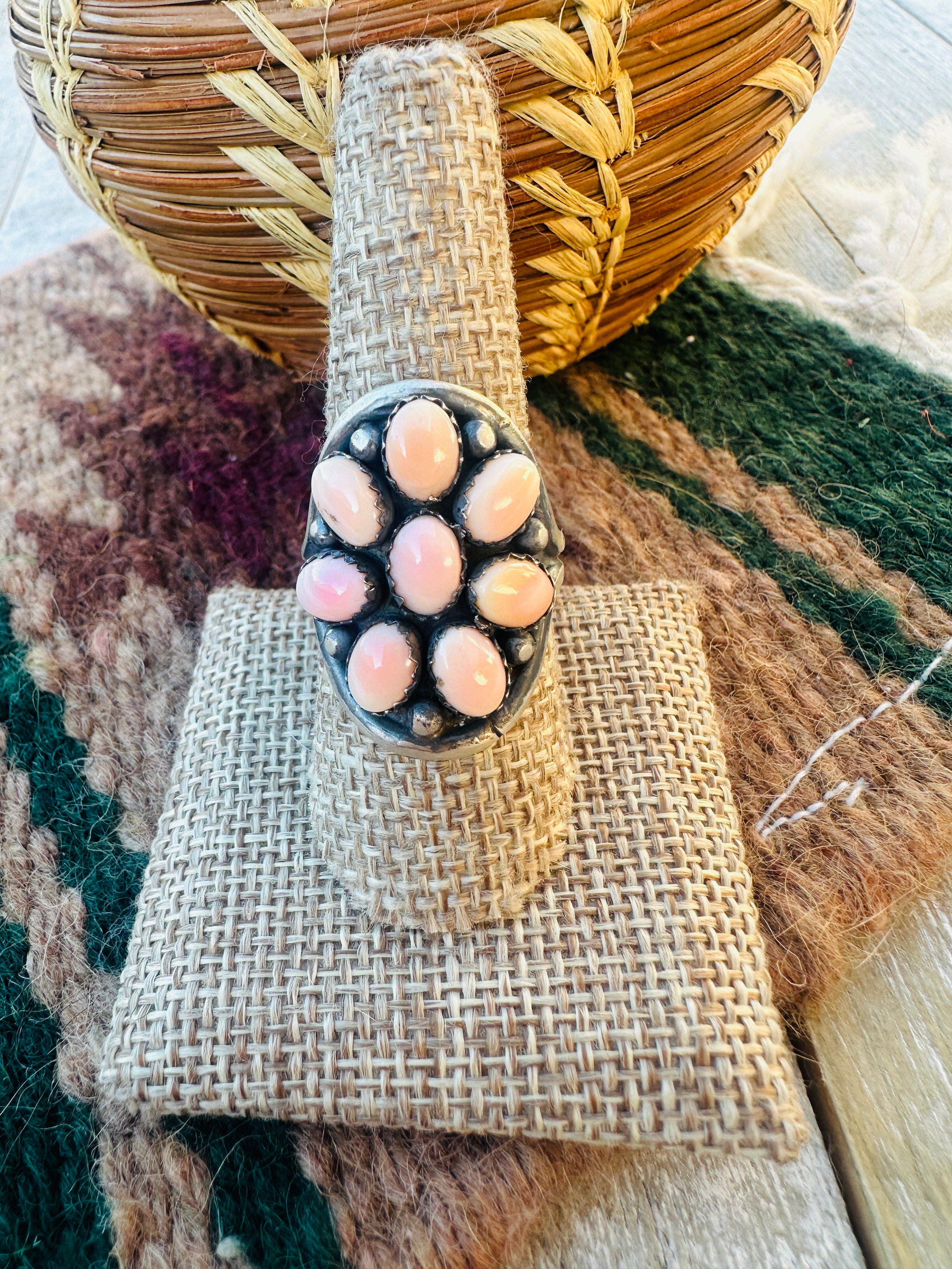 Handcrafted Queen Pink Conch & Sterling Silver Cluster Ring Size 9