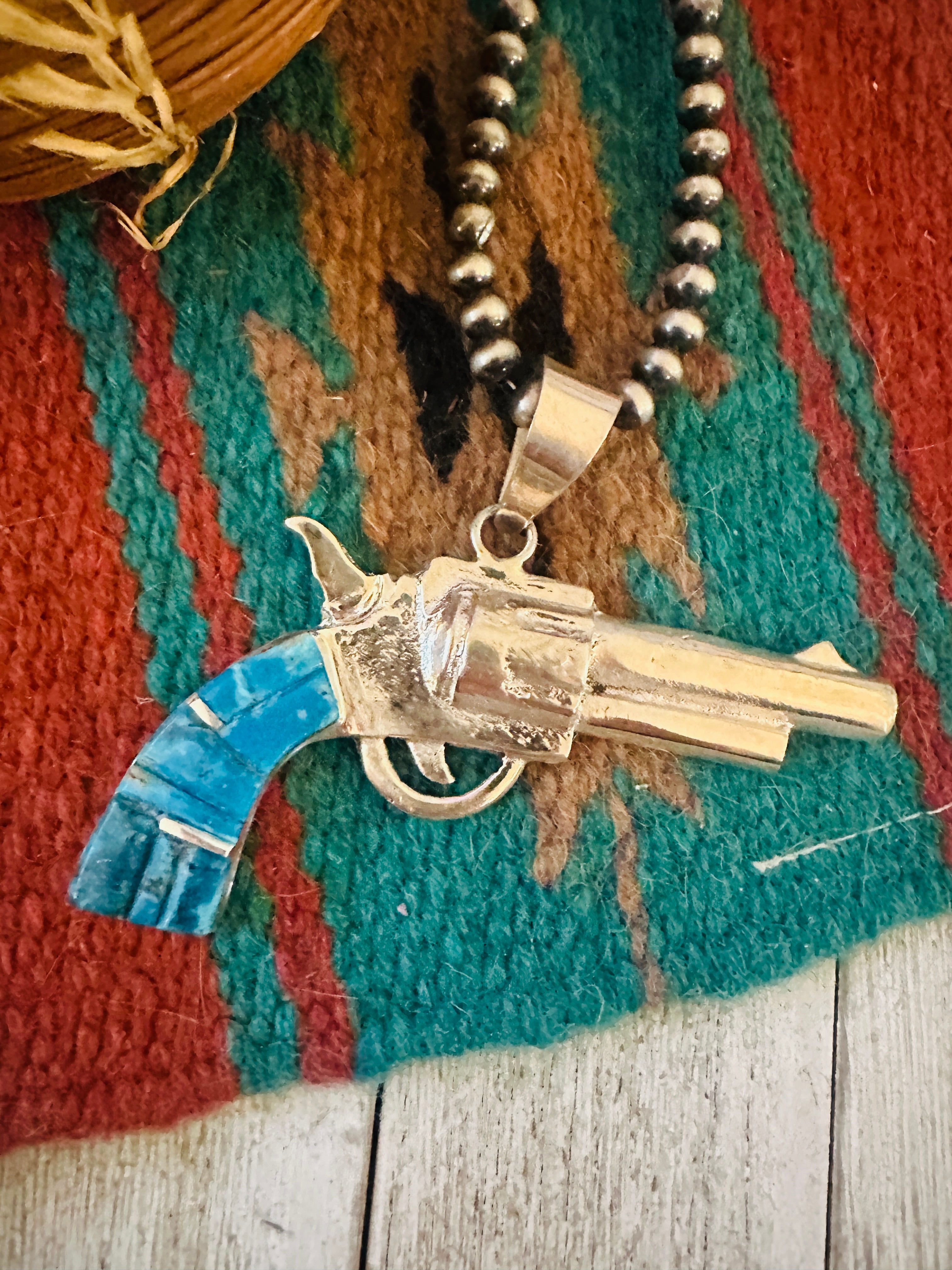 Handcrafted Sterling Silver & Turquoise Inlay Pistol Pendant