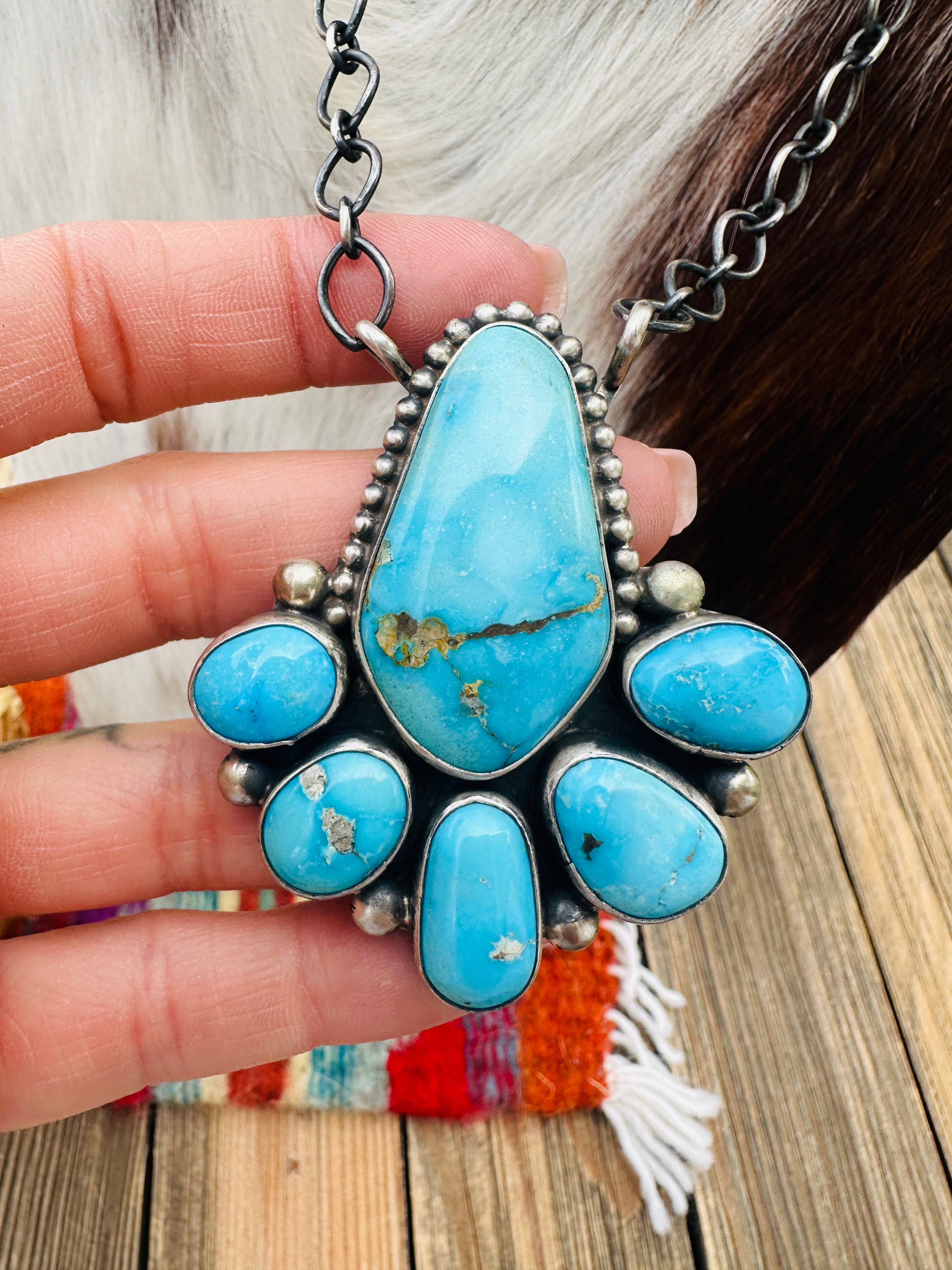 Handcrafted Turquoise & Sterling Silver Cluster Necklace by Kathleen Chavez